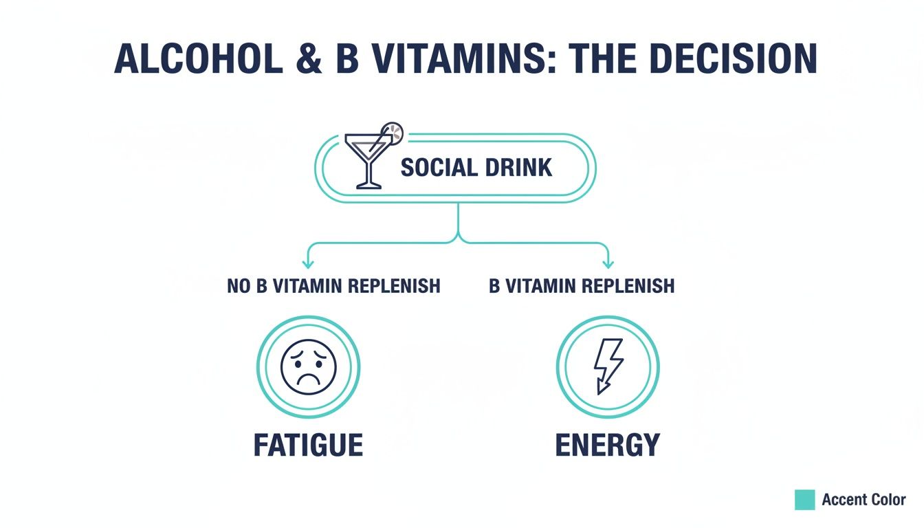 Decision flowchart on alcohol and B vitamins: replenish B vitamins for energy, or no replenishment for fatigue.