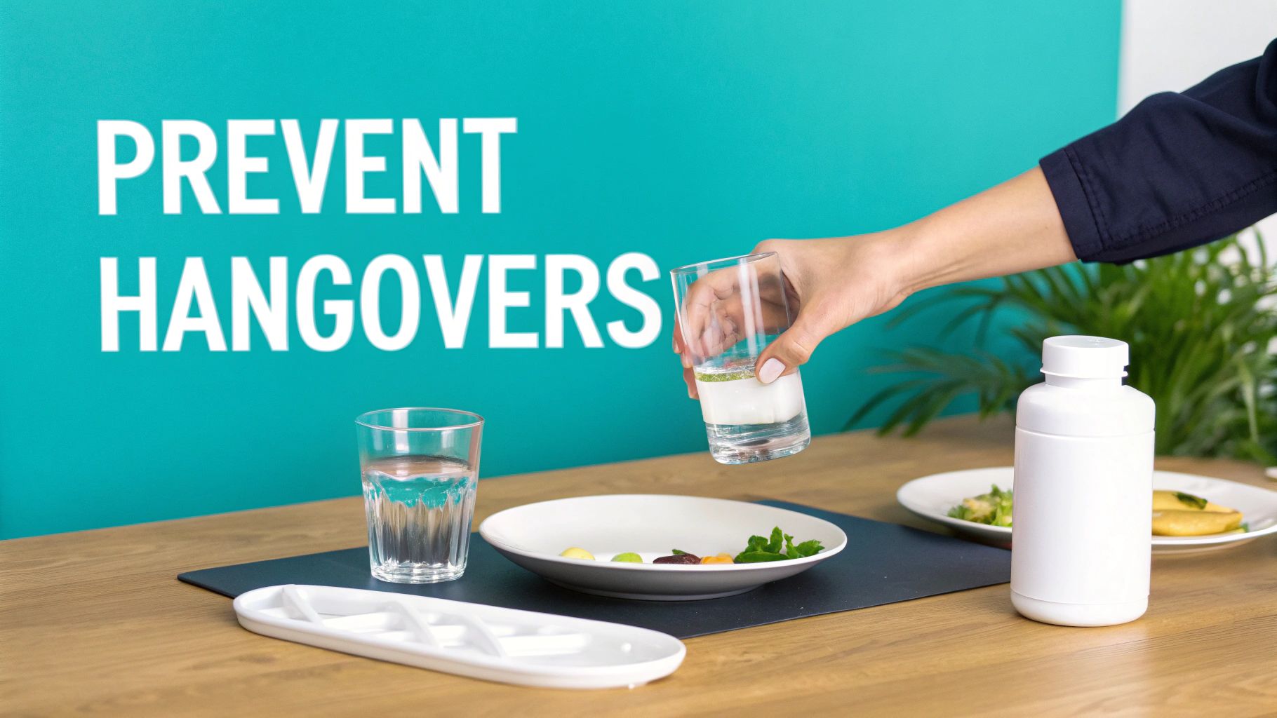 A hand holding a glass with liquid, with 'PREVENT HANGOVERS' text, food, and supplements on a table.