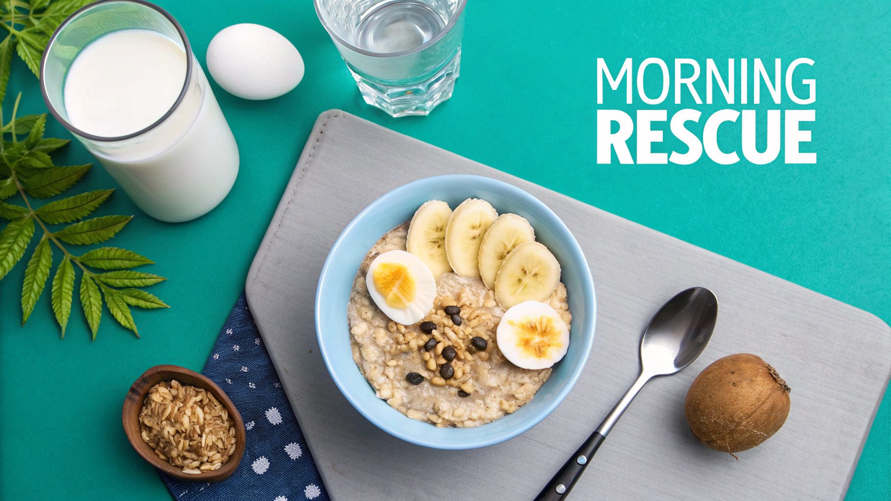 A top-down shot of a morning breakfast with oatmeal, eggs, banana, milk, and granola on a teal background.