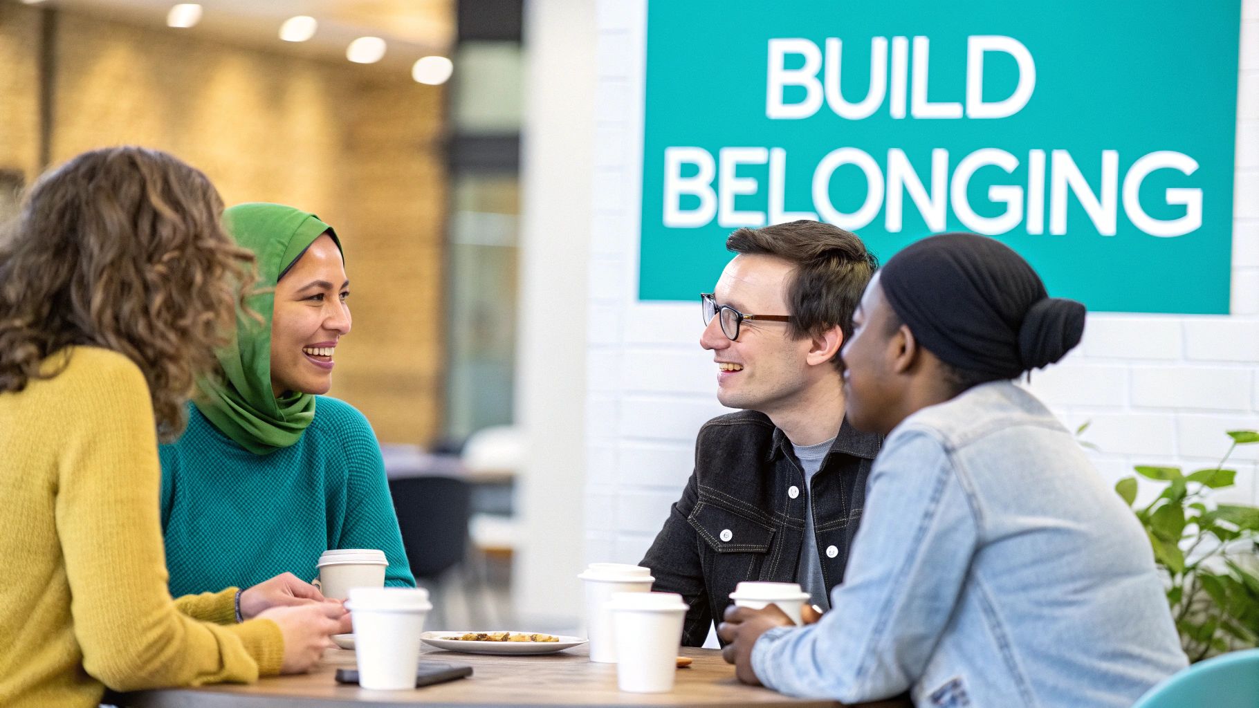 Four diverse people enjoying coffee and conversation around a table, fostering belonging.