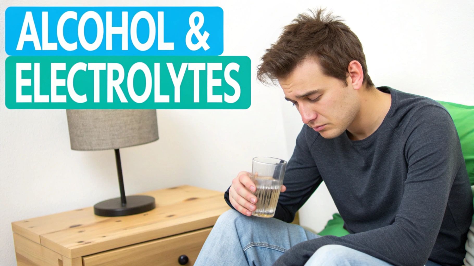 A man looking unwell holds a glass of water, illustrating the topic of alcohol and electrolytes.
