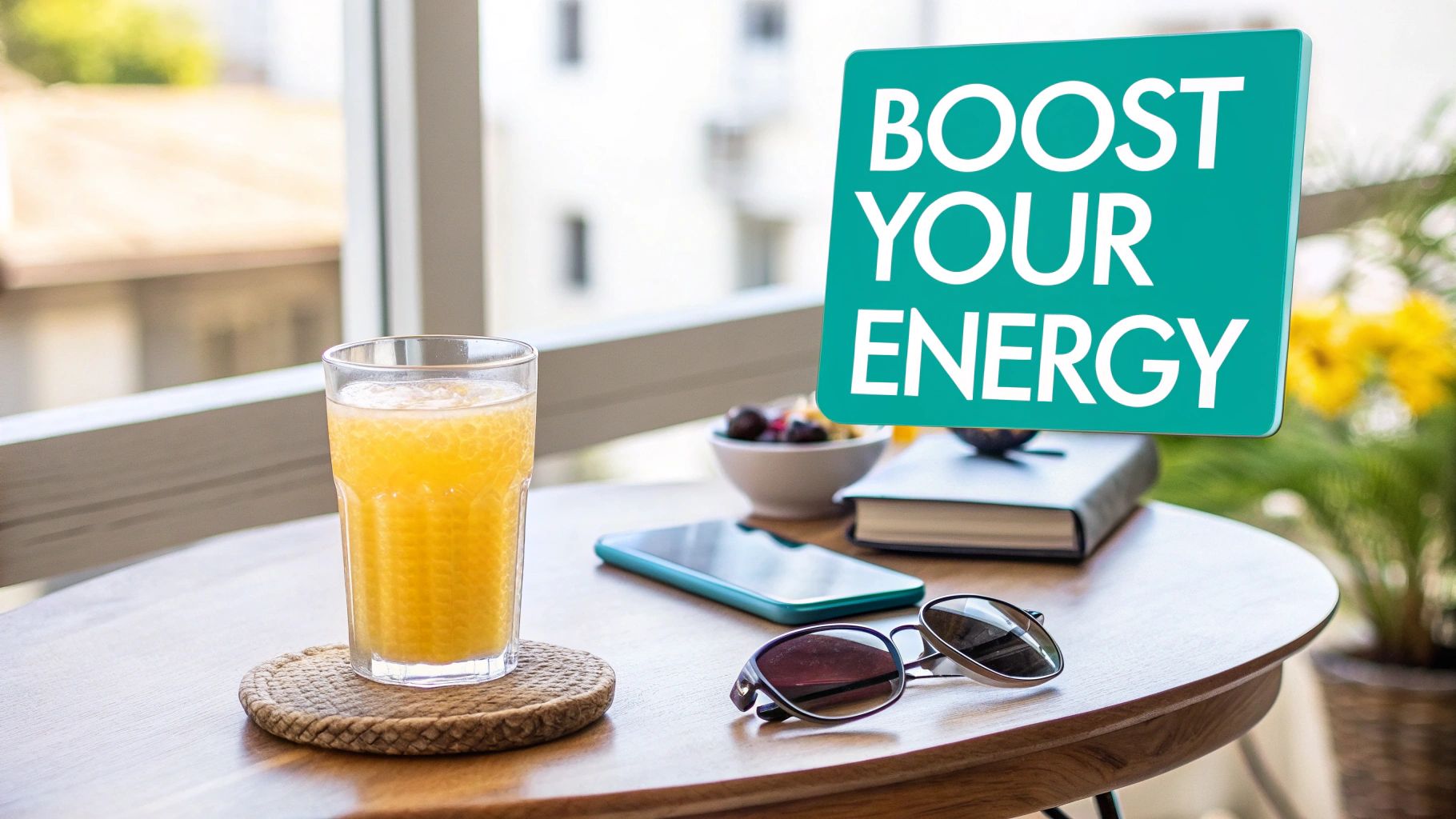 A refreshing glass of orange juice on a table with a 'BOOST YOUR ENERGY' sign, promoting vitality.