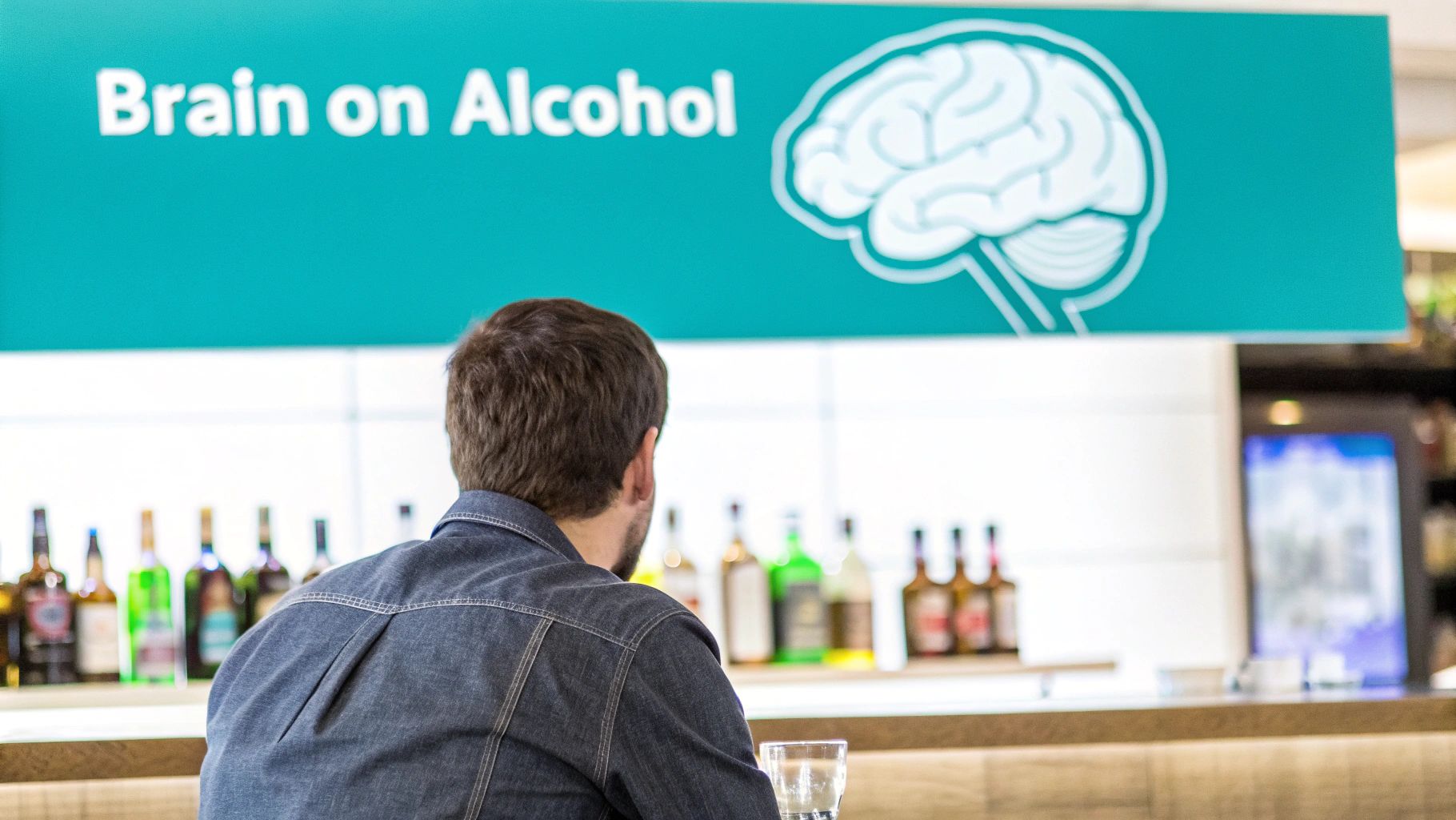 A person sits at a bar, looking at liquor bottles under a 'Brain on Alcohol' sign.
