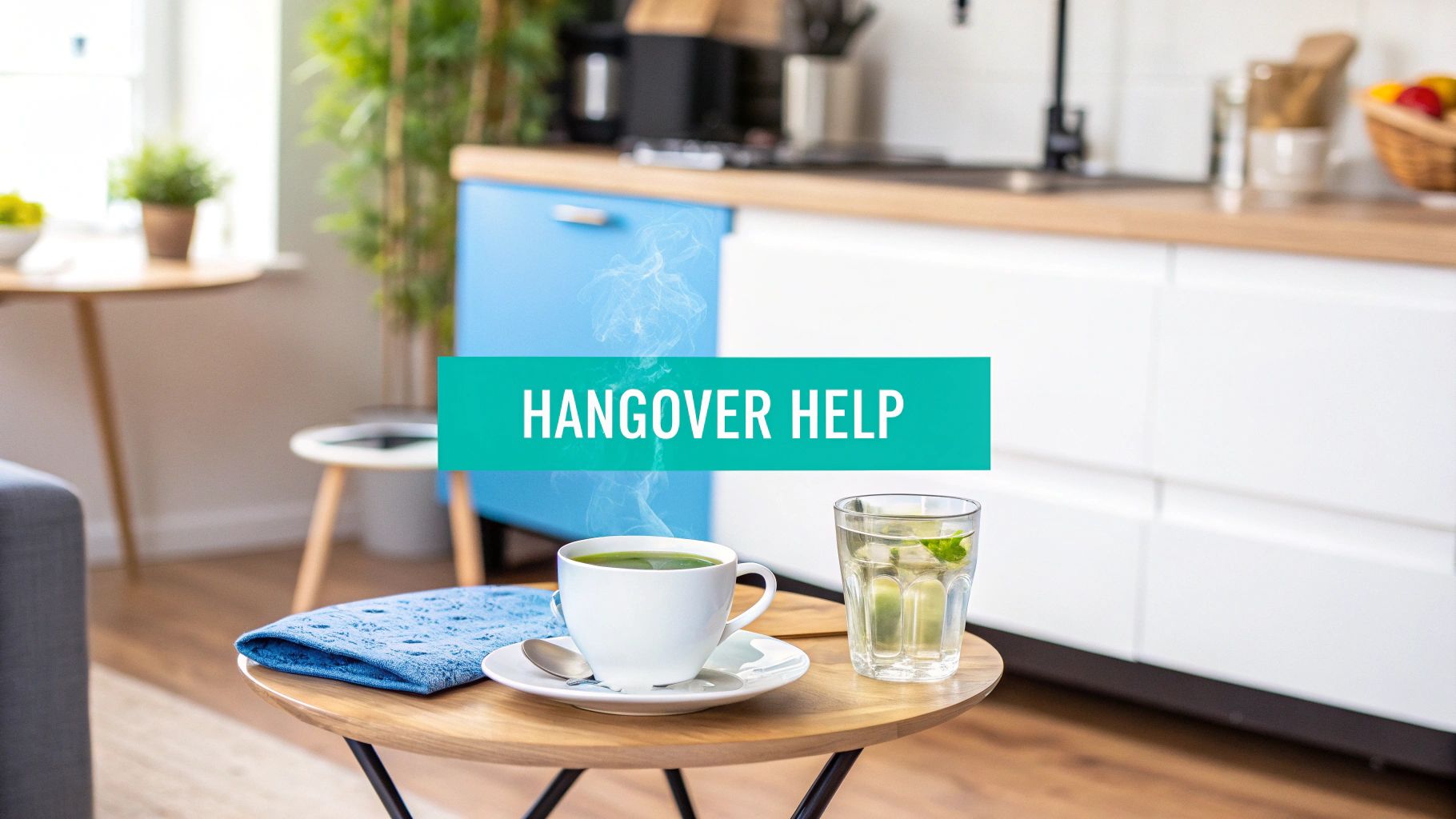 Steaming cup of green tea and water with mint on a table, with 'HANGOVER HELP' text overlay.