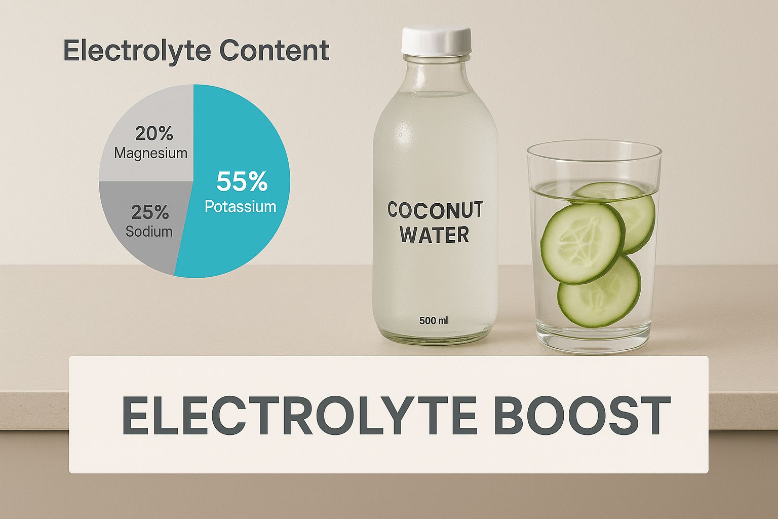 Infographic showing a bottle of coconut water and a glass of cucumber water, with text reading 'Electrolyte Boost'