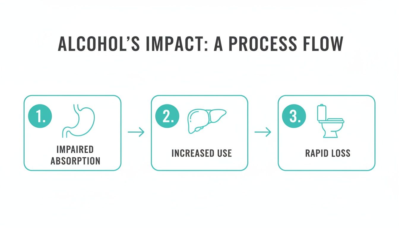 A process flow diagram illustrating alcohol's impact: impaired absorption, increased use, and rapid loss.