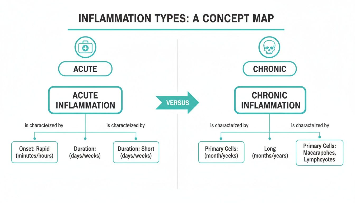 Concept map comparing acute vs. chronic inflammation, detailing onset, duration, and primary cells.