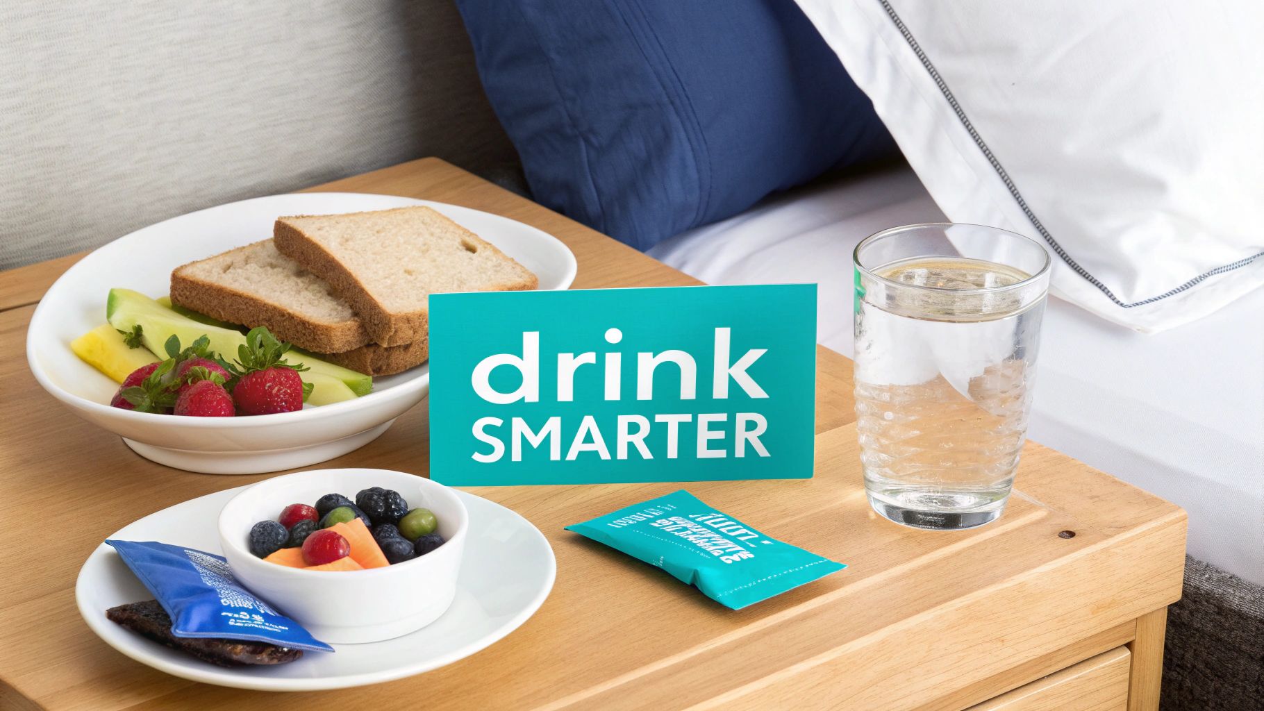 A healthy breakfast with toast, fresh fruit, and a glass of water on a bedside table.