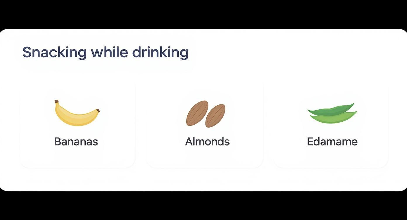 Three healthy snack options shown: bananas, almonds, and edamame, for snacking while drinking.