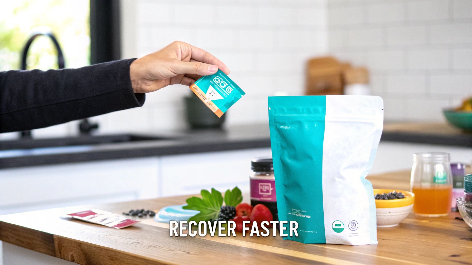 A person's hand holds a small teal supplement packet over a large pouch in a modern kitchen.