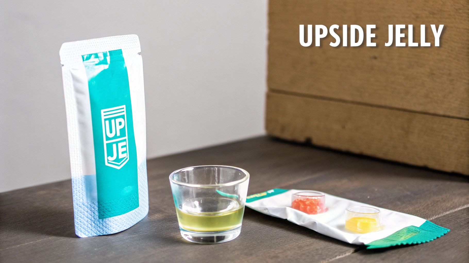 A teal and white pouch with 'UP JE' logo, a glass with yellow liquid, and small cups of red and yellow jelly.