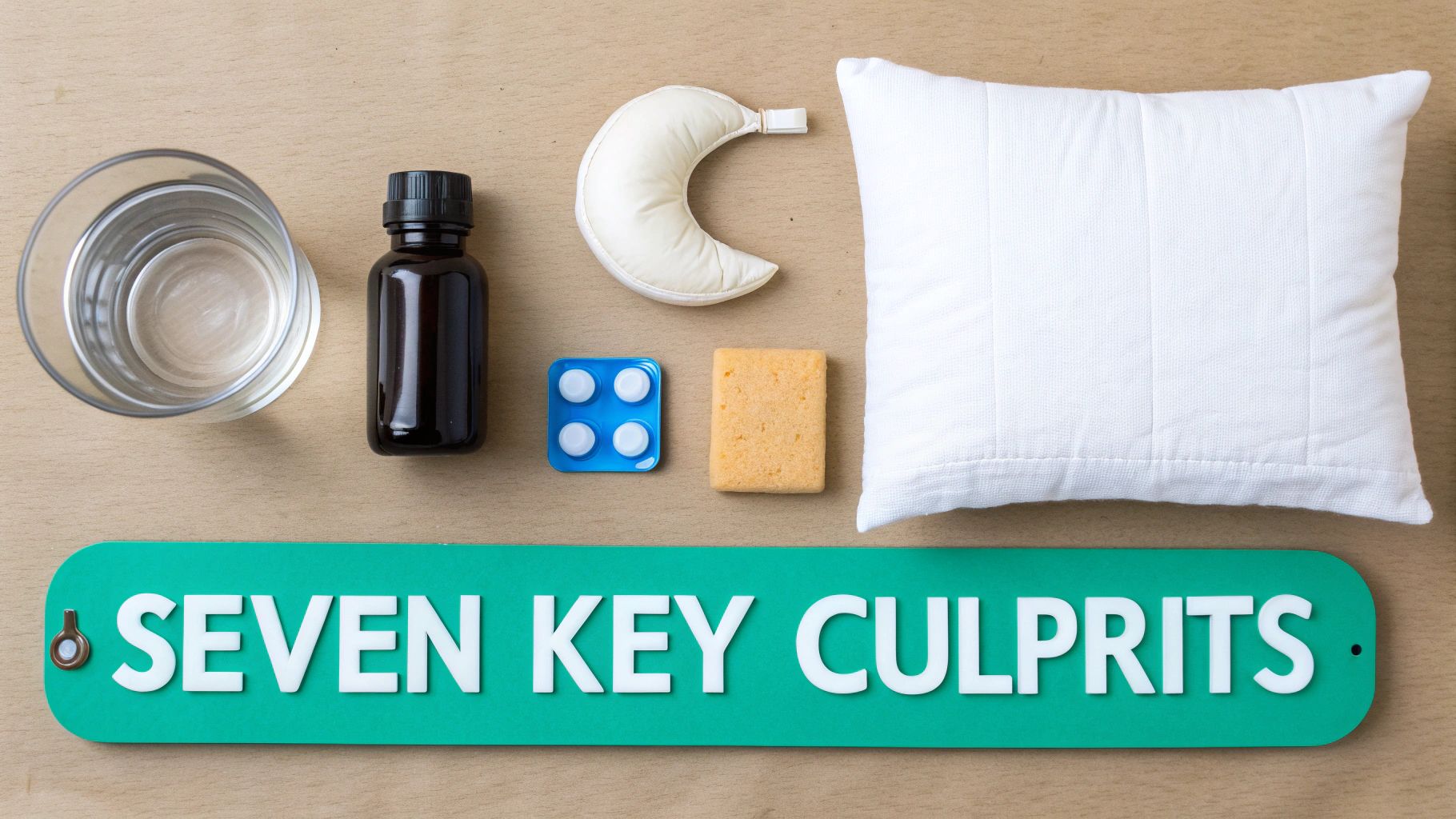 A flat lay of various items including a glass of water, medicine bottle, pills, a pillow, and a sign stating "SEVEN KEY CULPRITS".