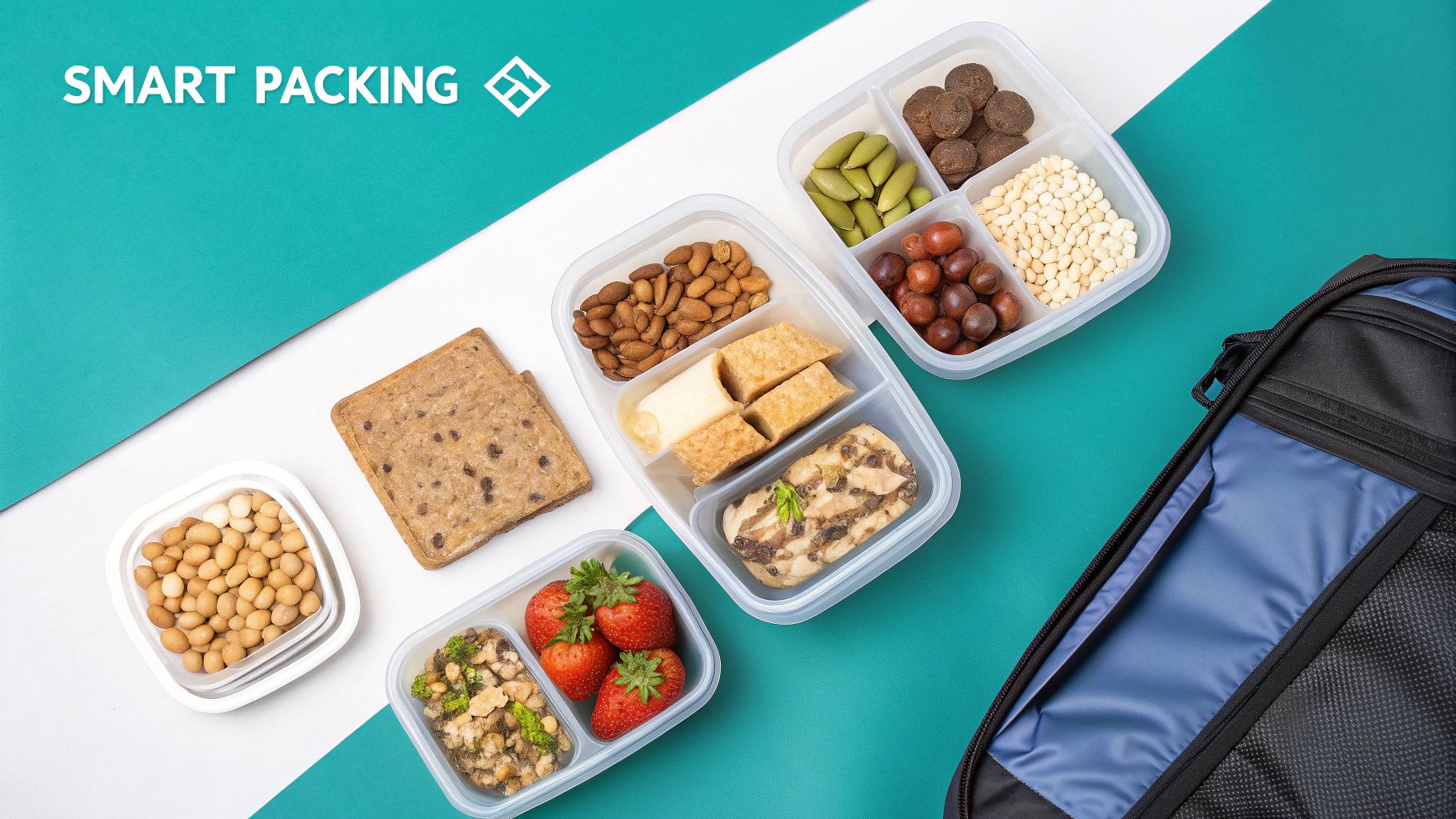A well-organized travel bag showing neatly packed gluten-free snacks in various containers.