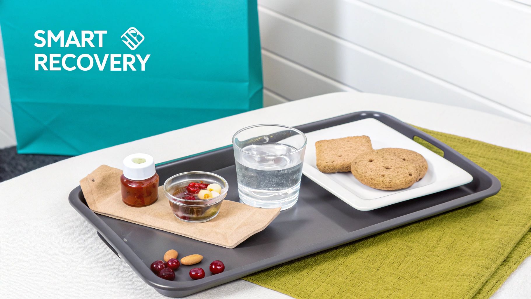 A healthy snack tray with water, cookies, fruit, and nuts, next to a 'SMART RECOVERY' bag.
