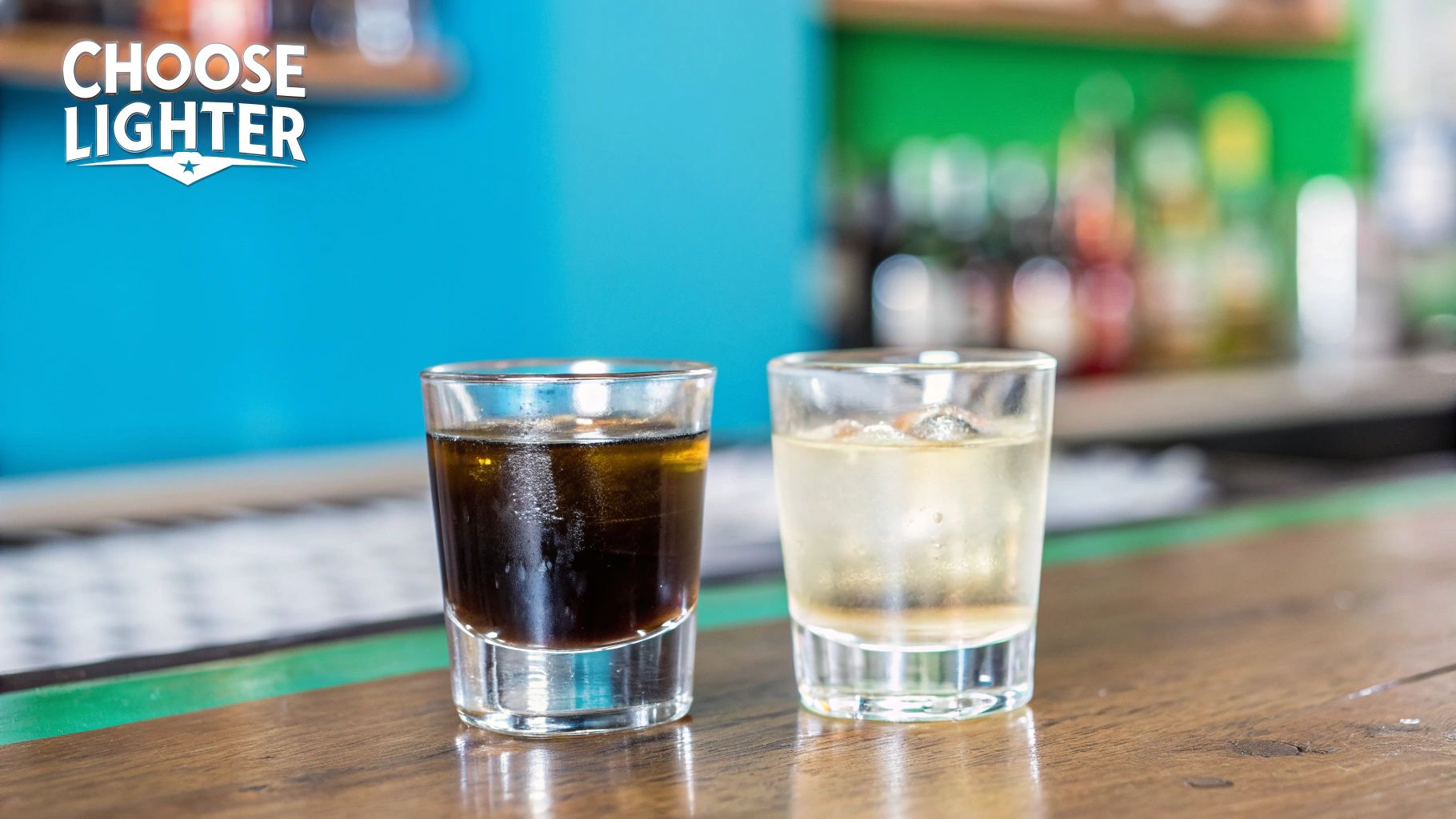 Two alcoholic drinks on wooden bar counter showing dark and light colored spirits