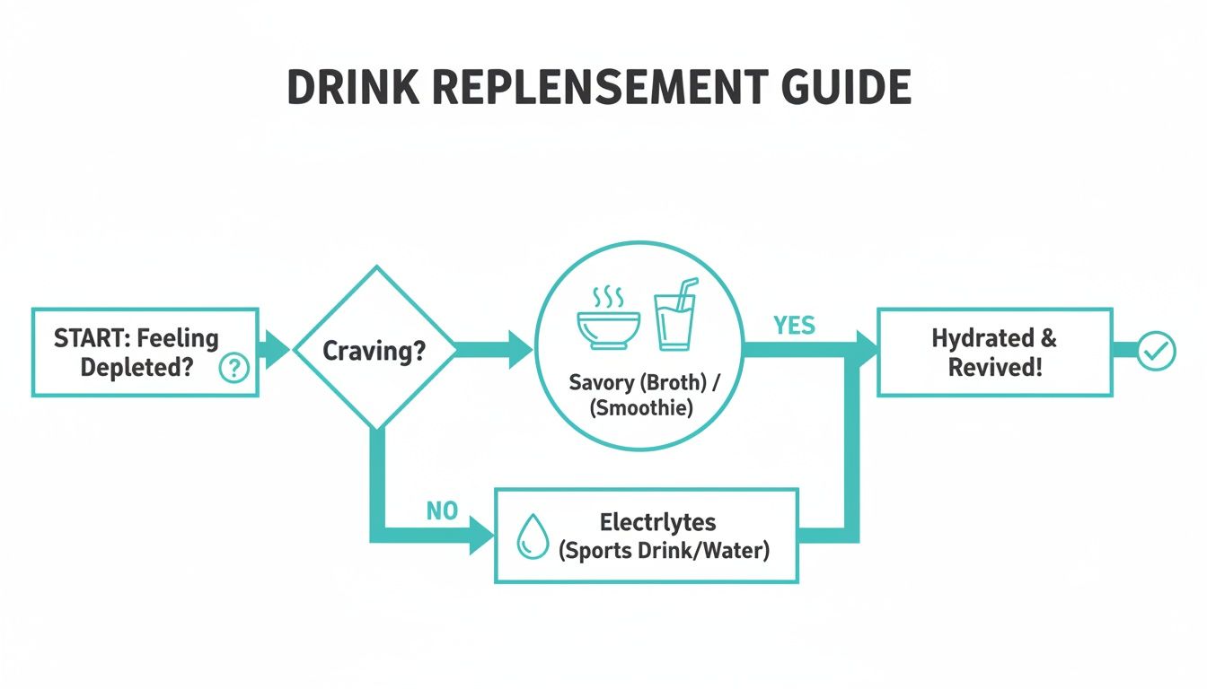 Flowchart guiding drink replenishment: start depleted, then choose savory broth/smoothie if craving, or electrolytes if not.