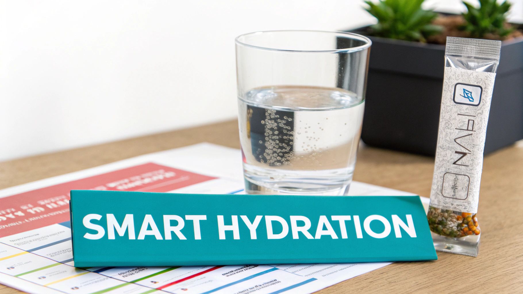 A glass of water, a 'SMART HYDRATION' sign, and a supplement stick on a table.