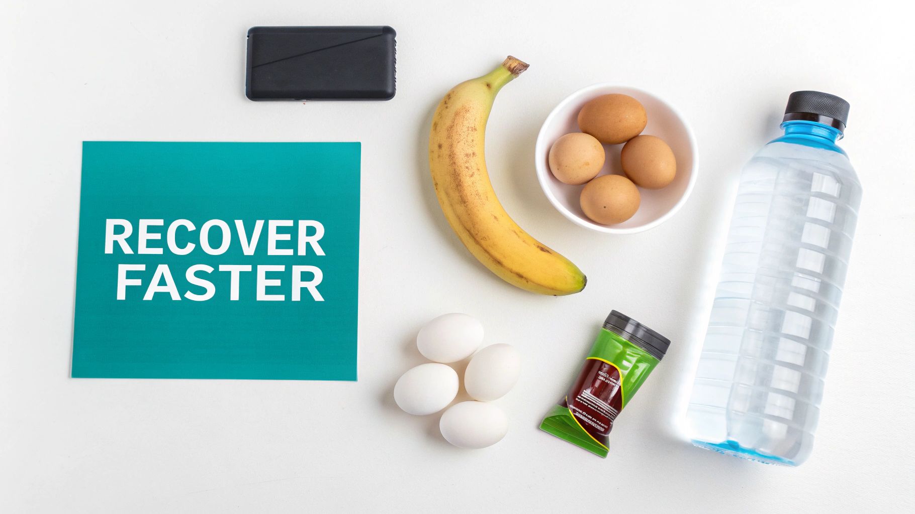 A flat lay of recovery essentials including eggs, banana, water bottle, and a 'RECOVER FASTER' sign.
