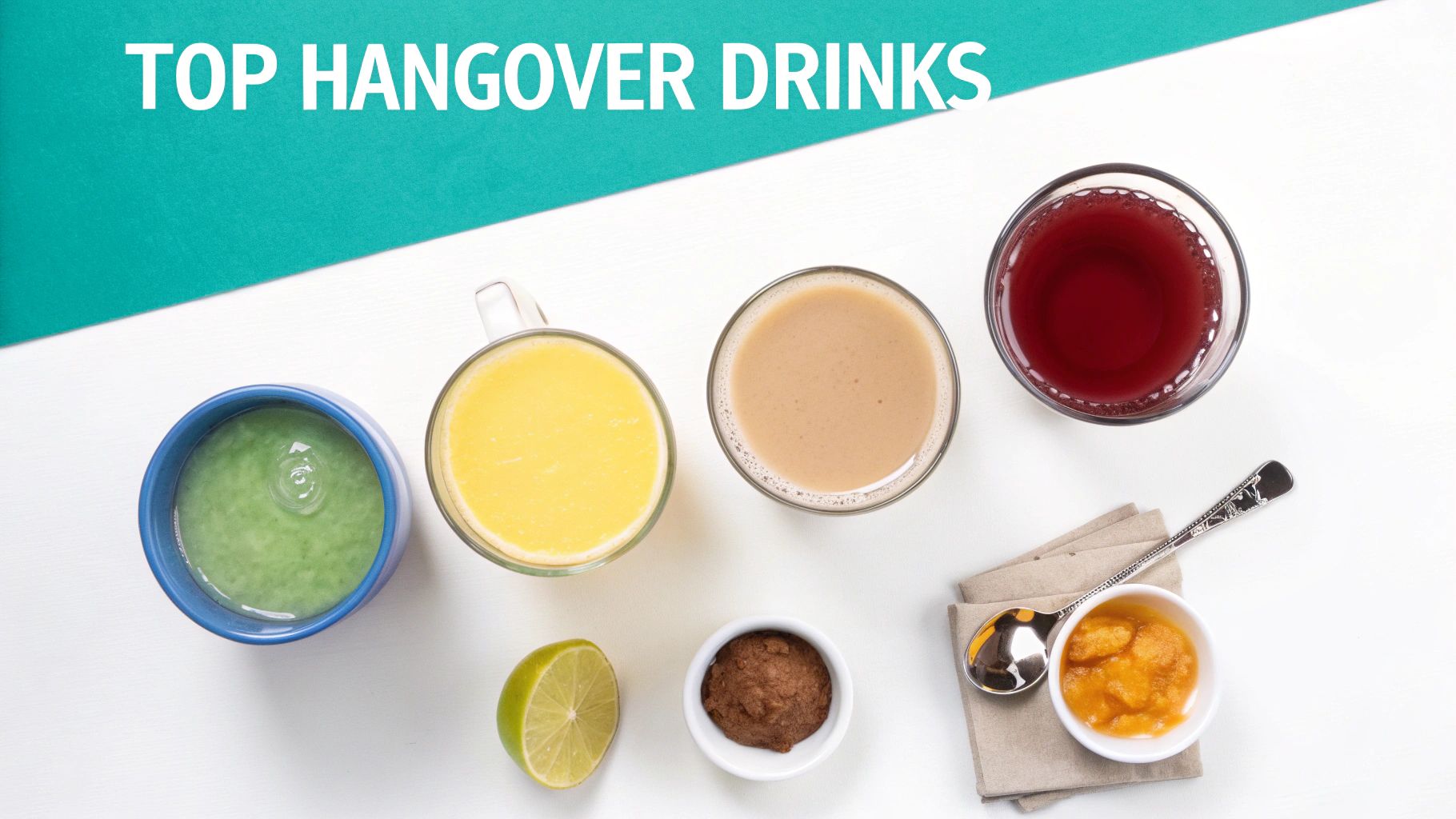Overhead shot of various drinks and ingredients for hangover relief, including green, yellow, brown, and red beverages, lime, and pastes.