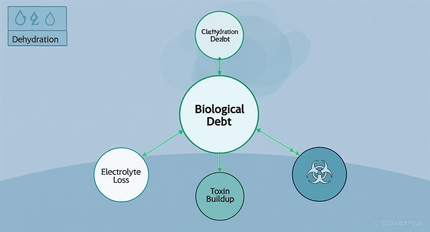 Diagram showing biological debt from dehydration causing electrolyte loss, toxin buildup, and cellular debt