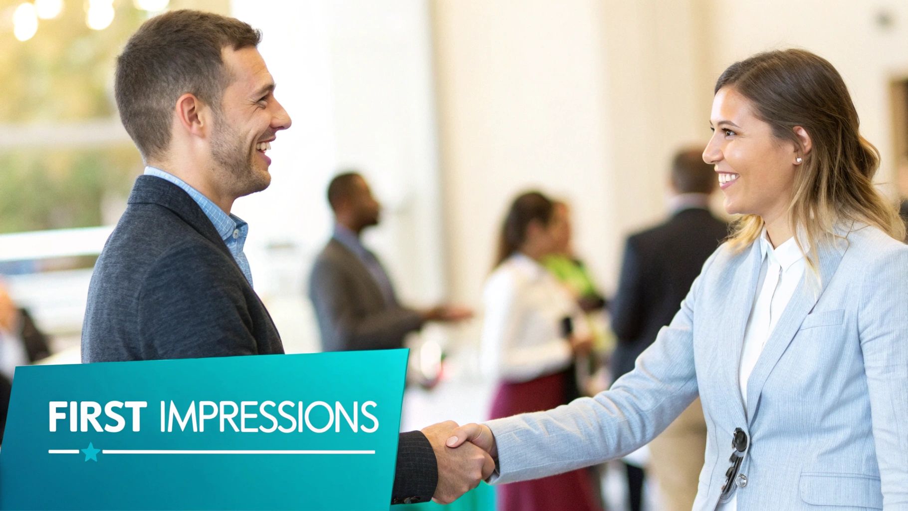 Two smiling professionals shaking hands at a networking event, making a good first impression.