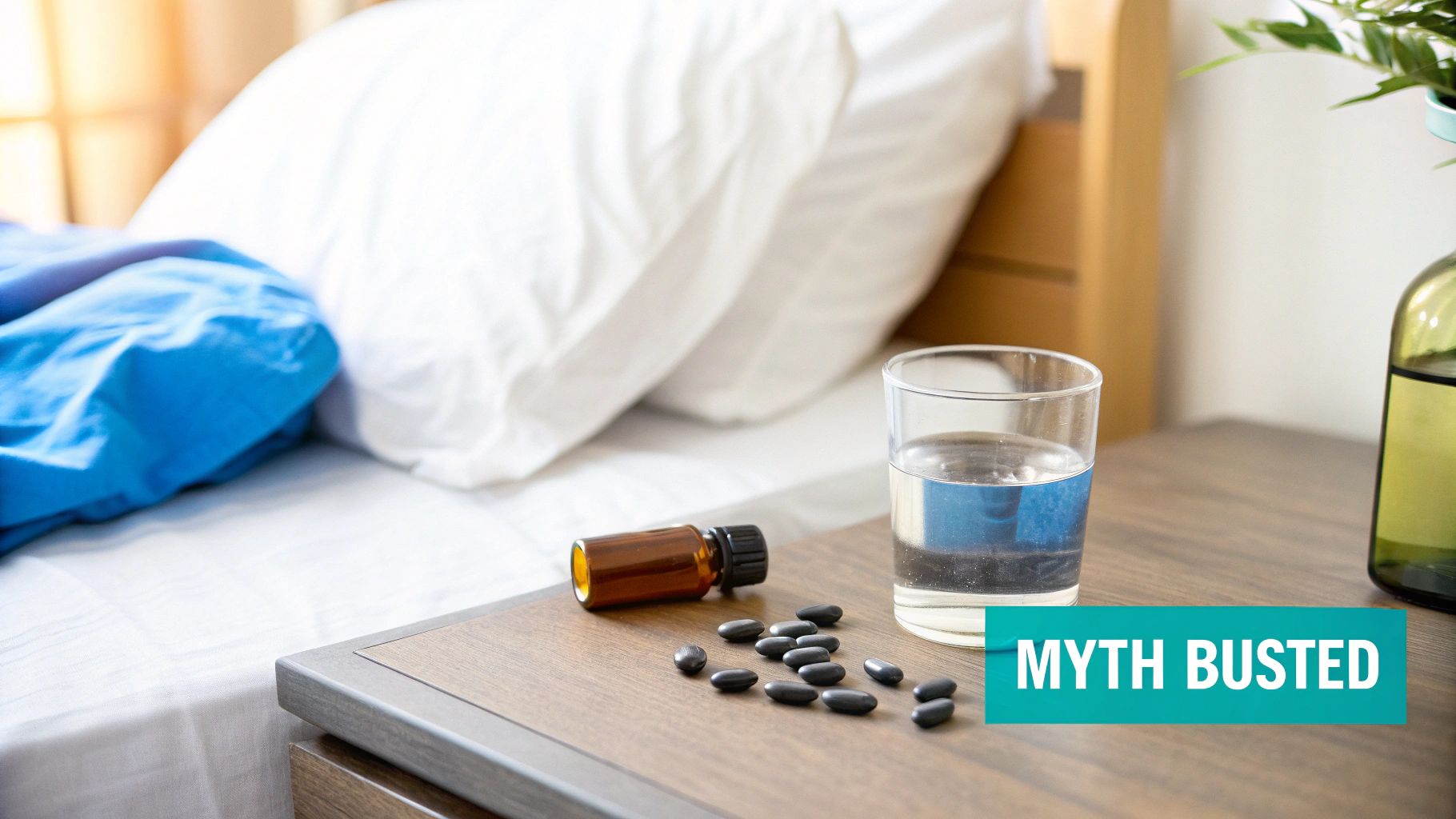 A black glass bottle with activated charcoal pills spilling out onto a dark surface.
