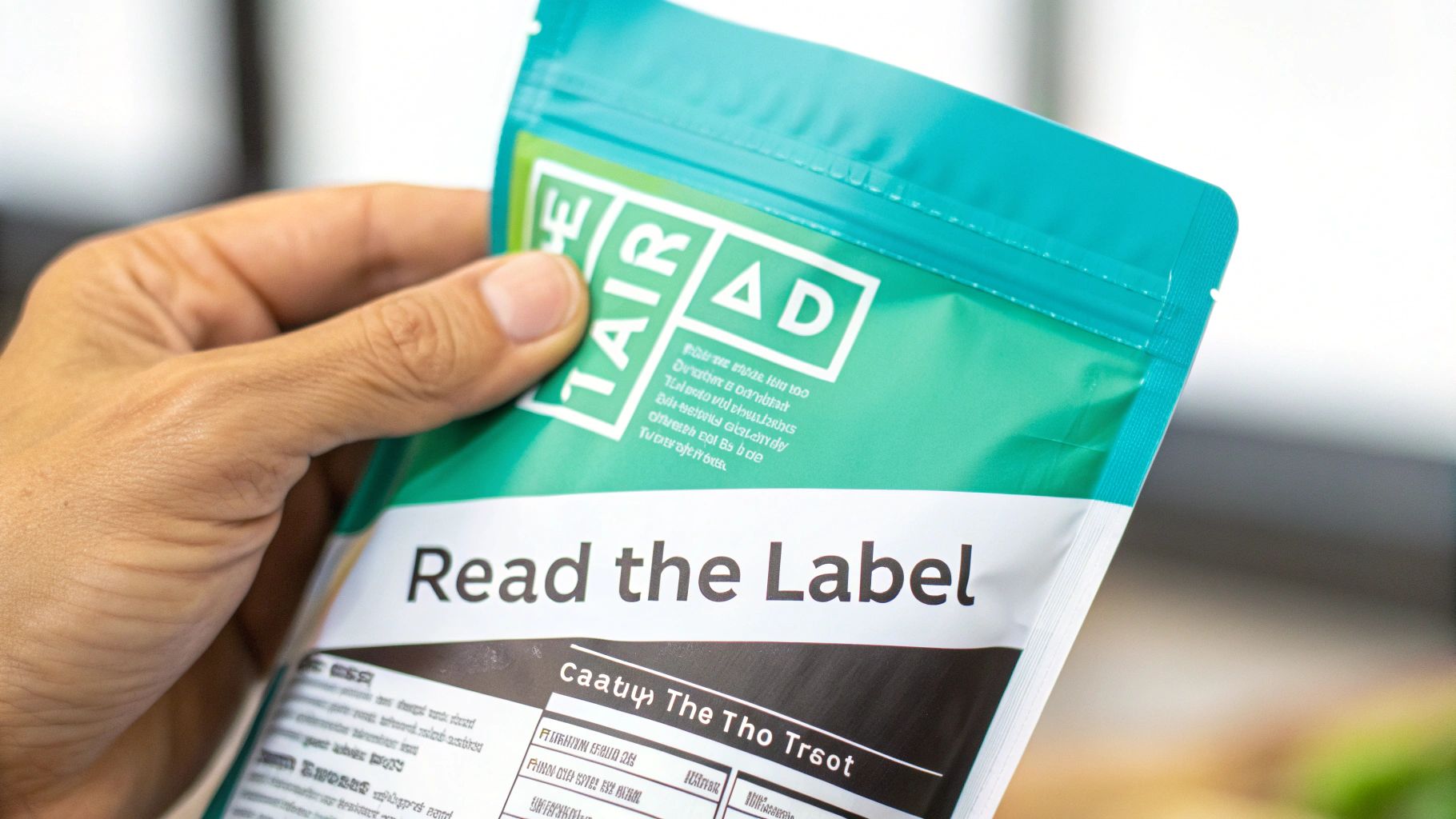 A person reading the label on a packet of hydration drink powder.