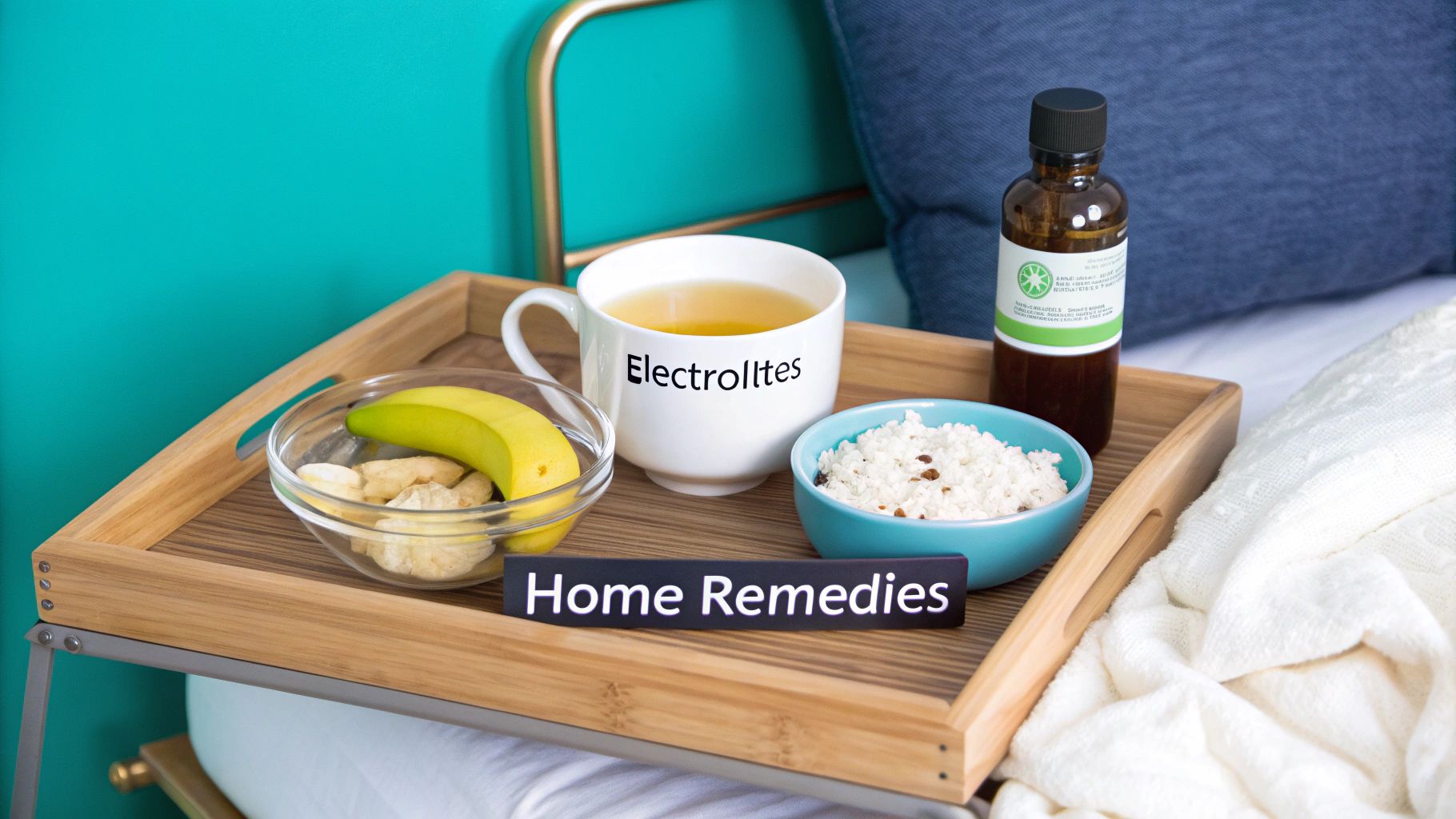 A wooden tray with home remedies like electrolytes, bananas, and a bottle on a bedside table.