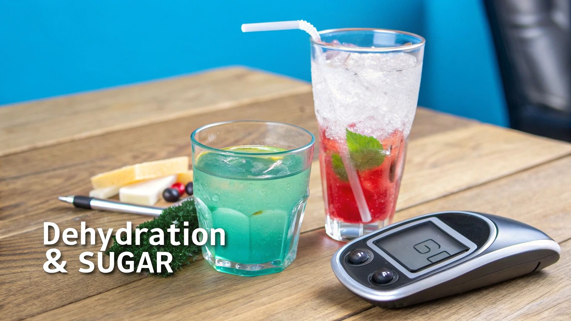 A glass of water next to a sugary cocktail, illustrating the contrast between hydration and high-sugar drinks.