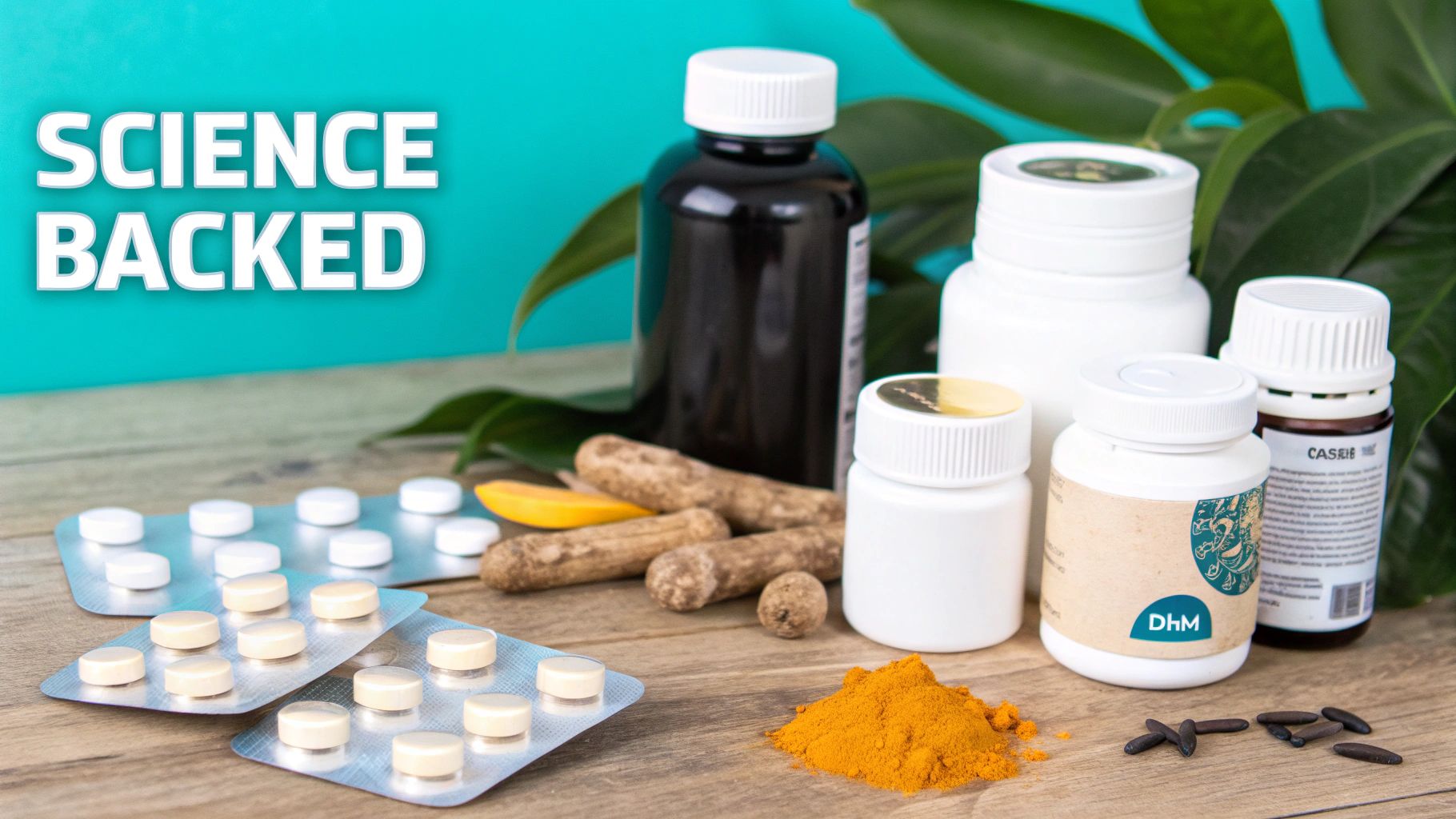 Various science-backed supplements, pills, natural ingredients, and turmeric on a wooden table.