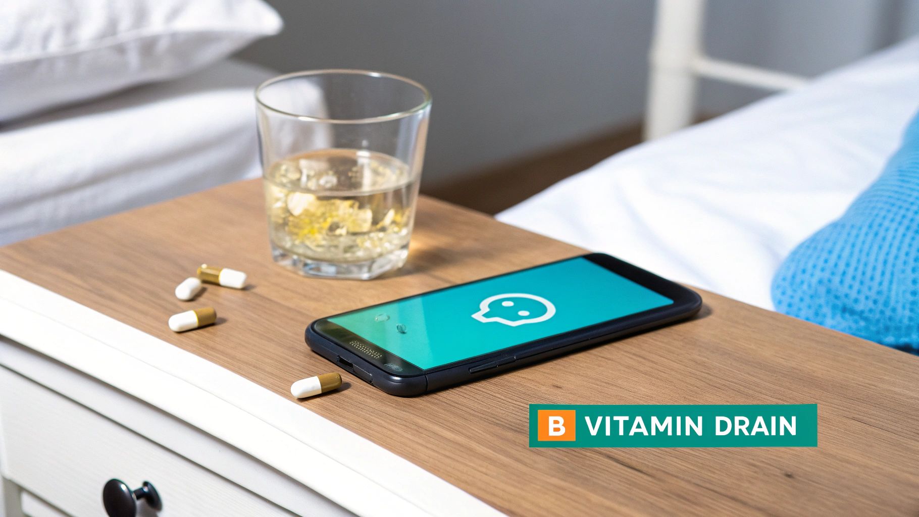 Pills, a glass of water, and a smartphone on a bedside table, with 'B VITAMIN DRAIN' text.