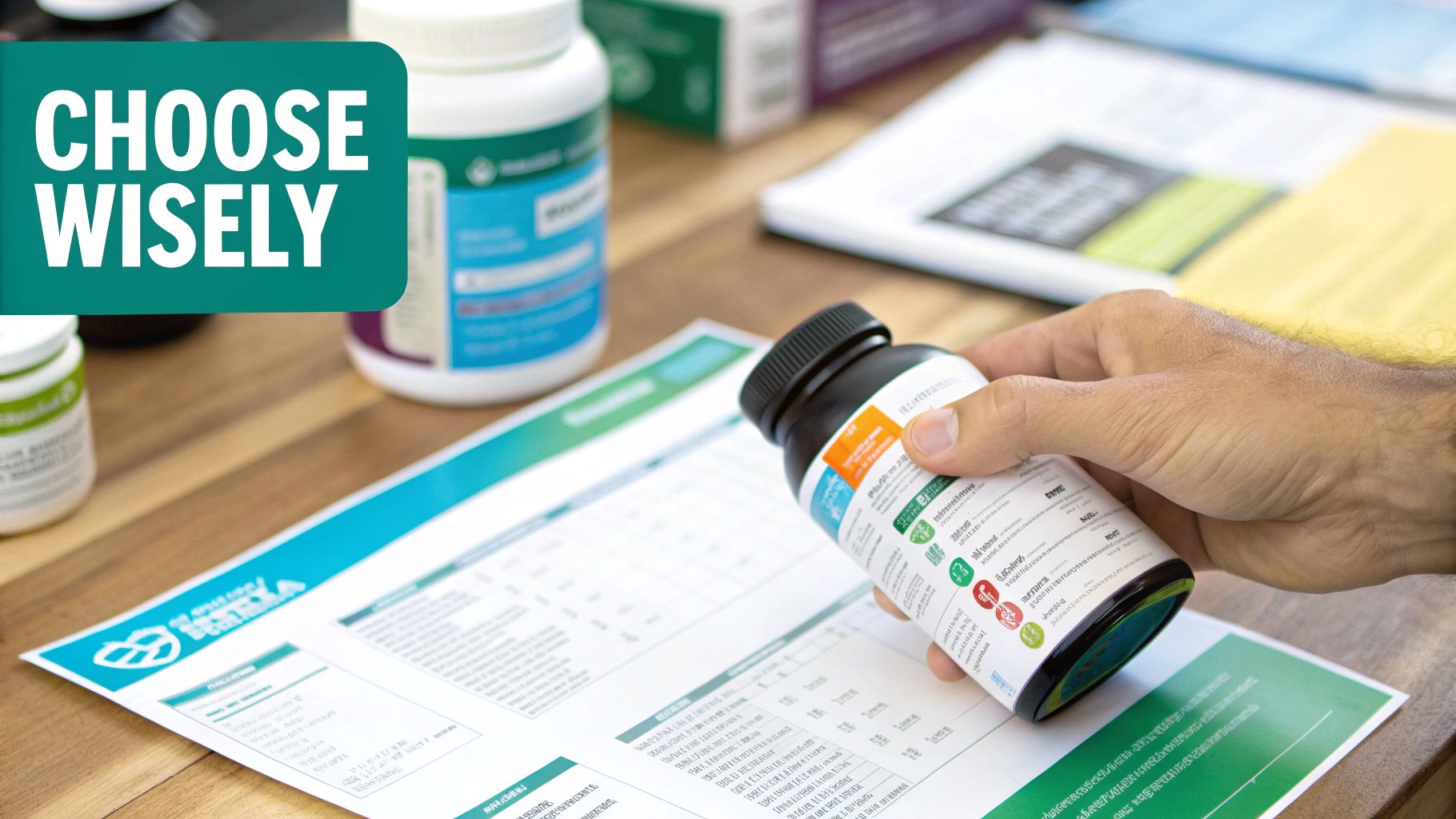 A hand holds a supplement bottle over documents, with 'CHOOSE WISELY' text visible.