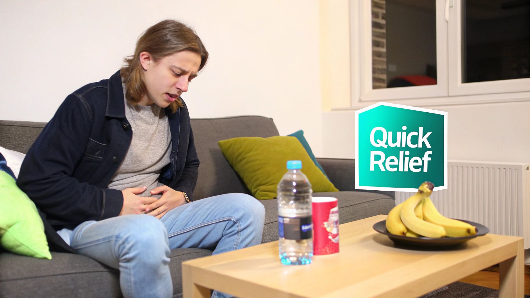 A young man sits on a sofa, clutching his stomach in discomfort, with a 'Quick Relief' sign.