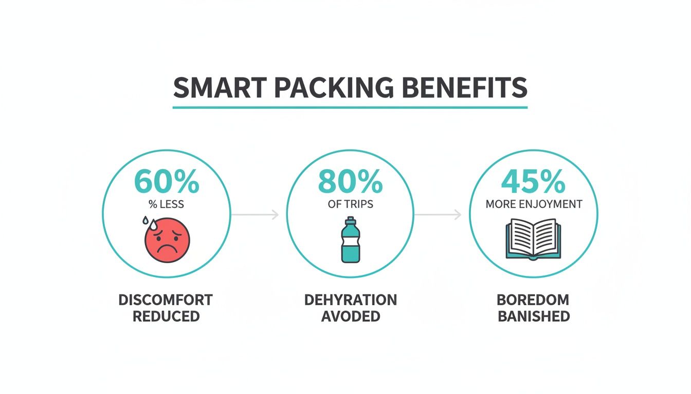Infographic detailing the benefits of smart packing, showing reduced discomfort, avoided dehydration, and more enjoyment.