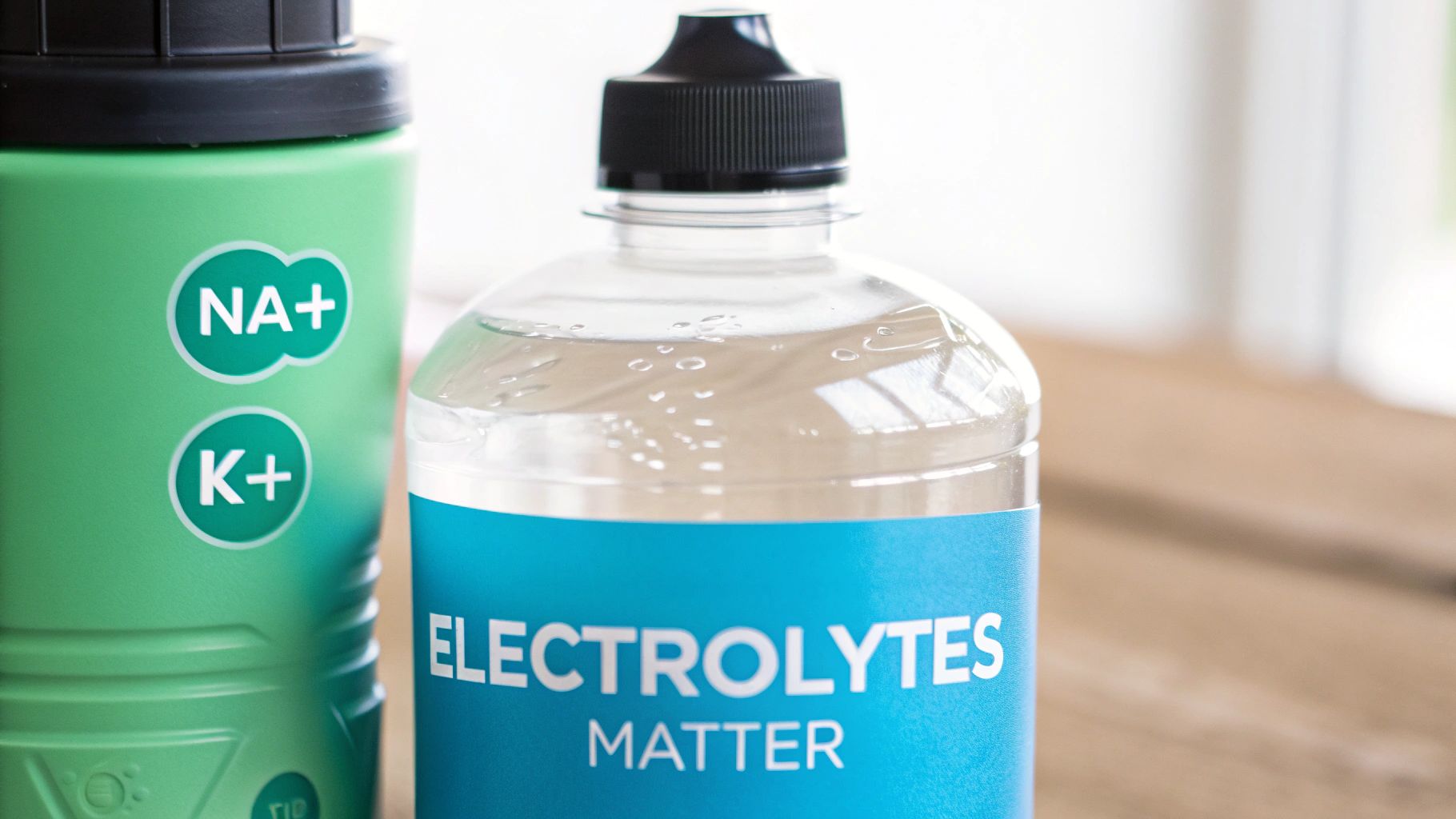 Close-up of a green bottle with NA+ and K+ labels next to a clear bottle labeled 'ELECTROLYTES MATTER'.