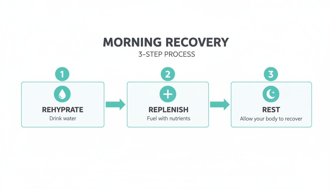 Infographic illustrating a 3-step morning recovery process: rehydrate, replenish nutrients, and rest for body recovery.