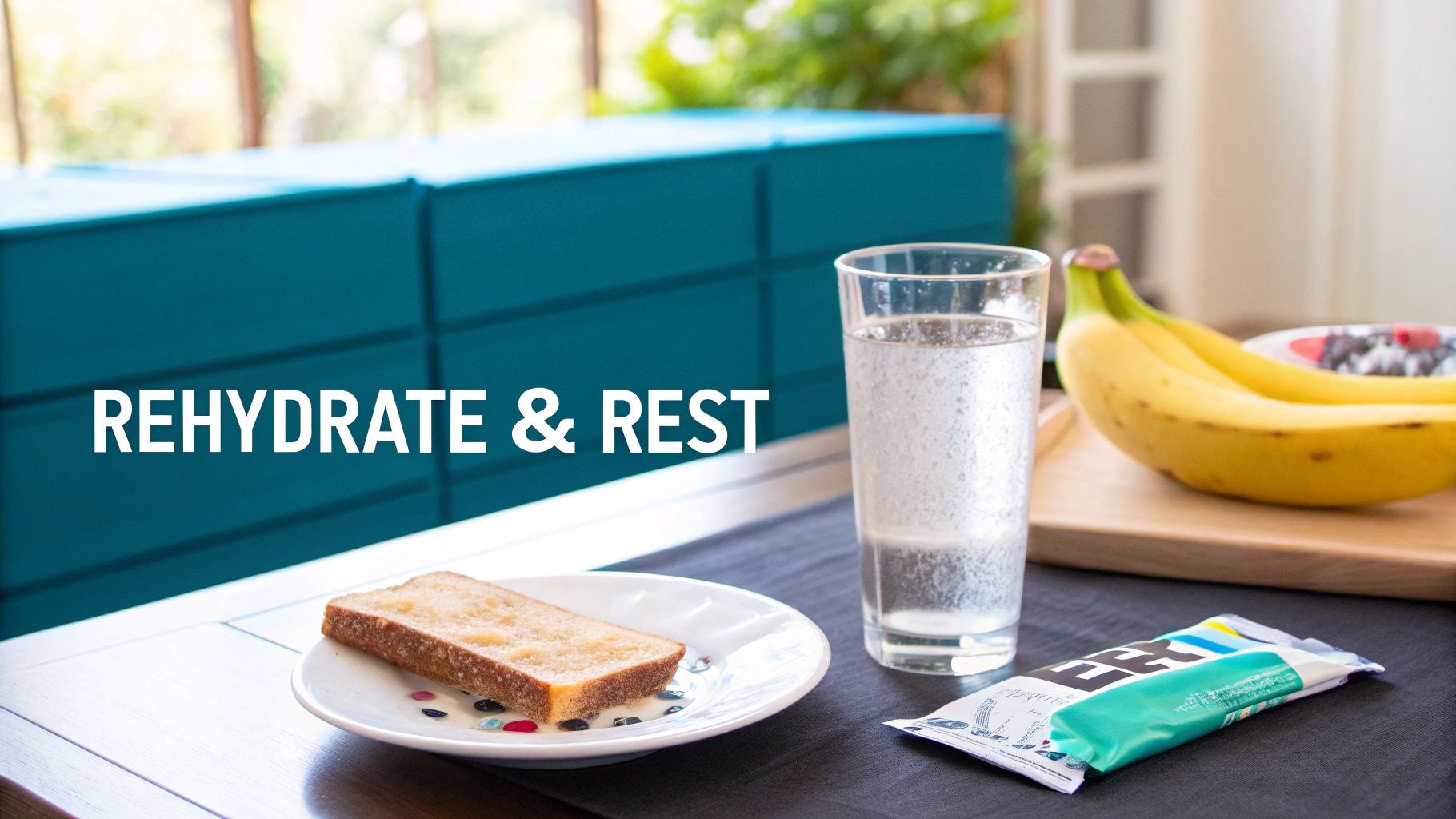 A table with a glass of water, toast, bananas, and a supplement, promoting rehydrate and rest.