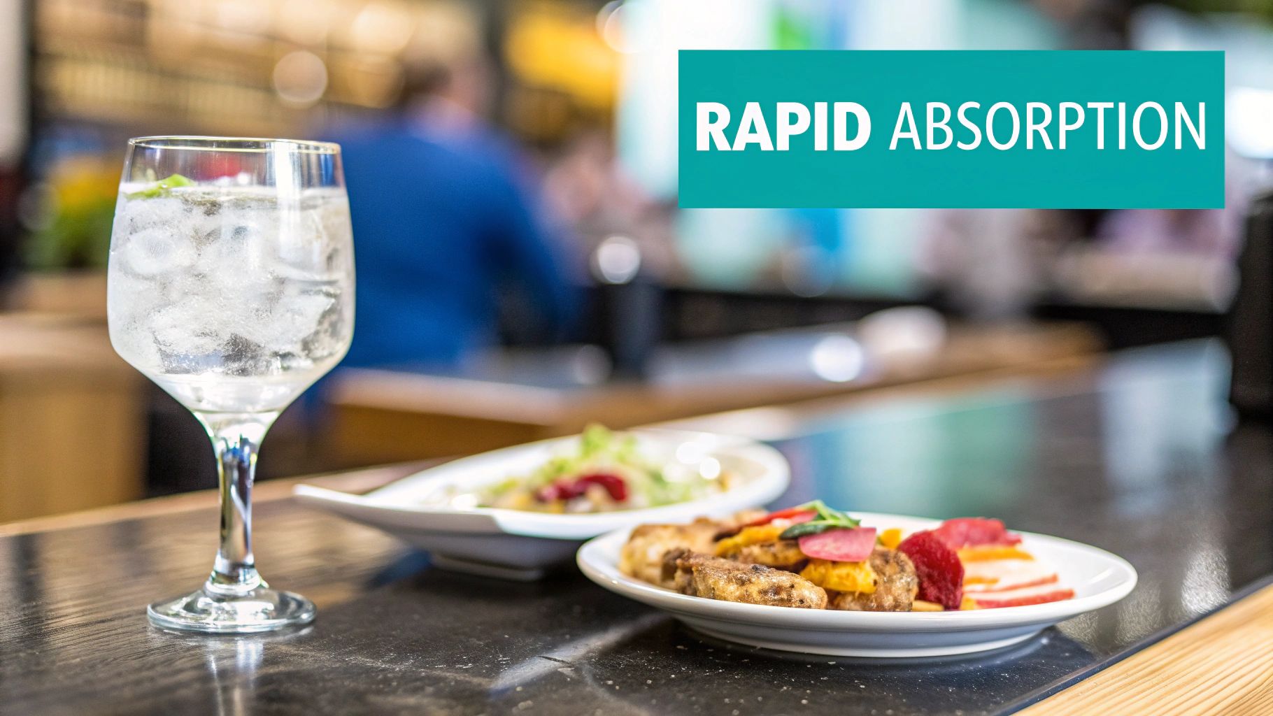 A clear glass with ice, two plates of food, and "RAPID ABSORPTION" text at a bar.