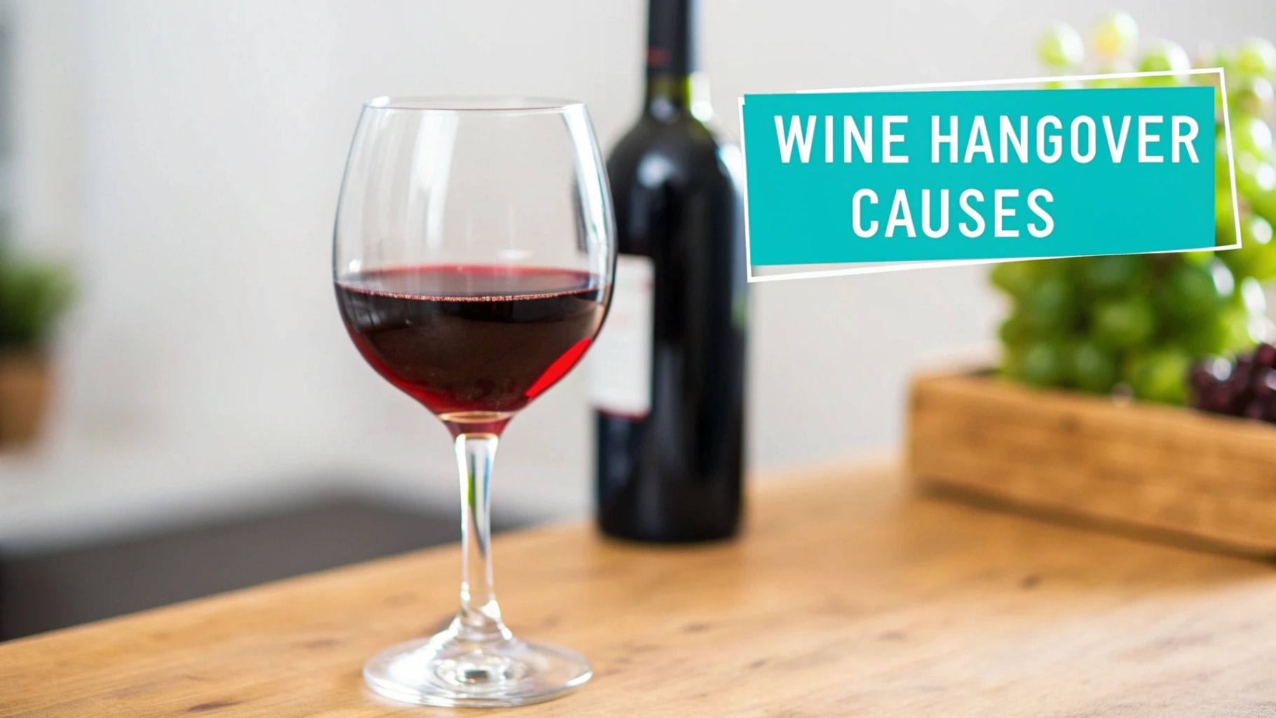 A glass of red wine next to a bottle on a wooden table