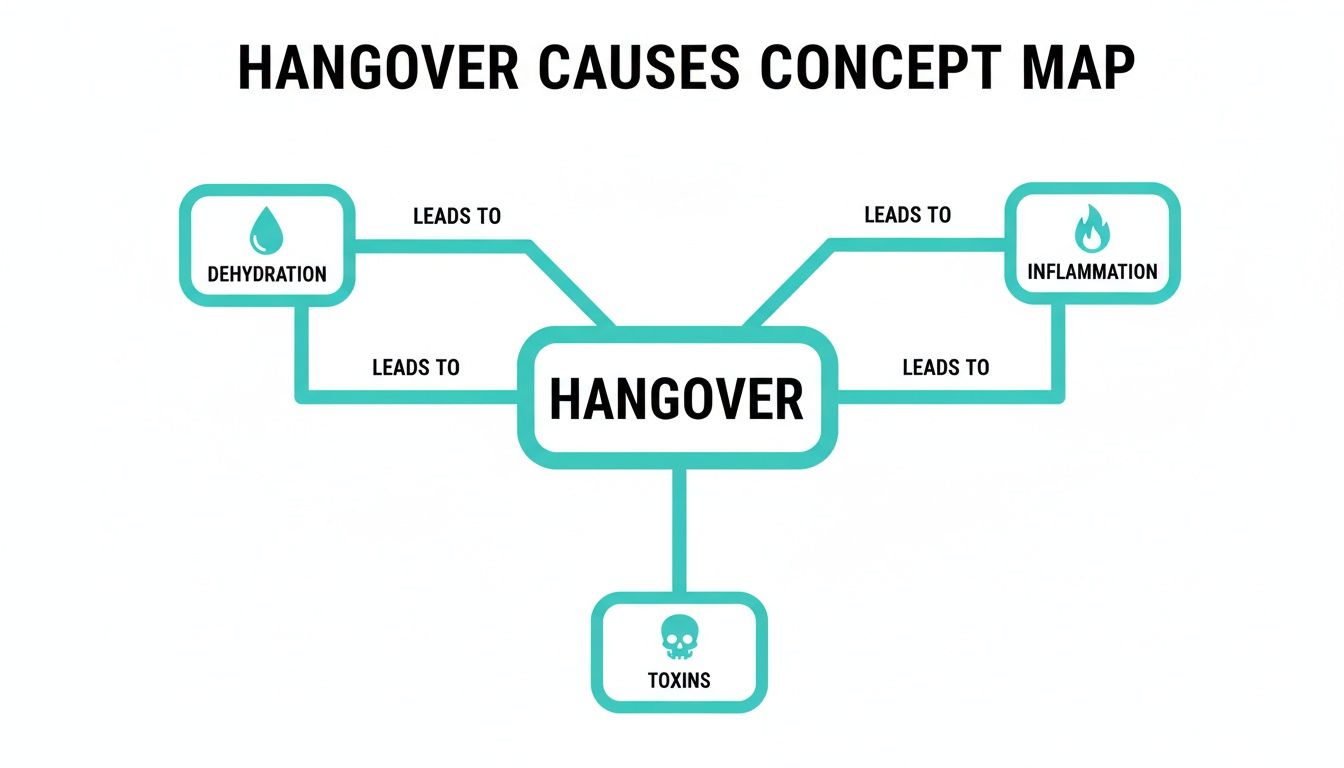 A concept map illustrating the causes of a hangover, including dehydration, inflammation, and toxins.