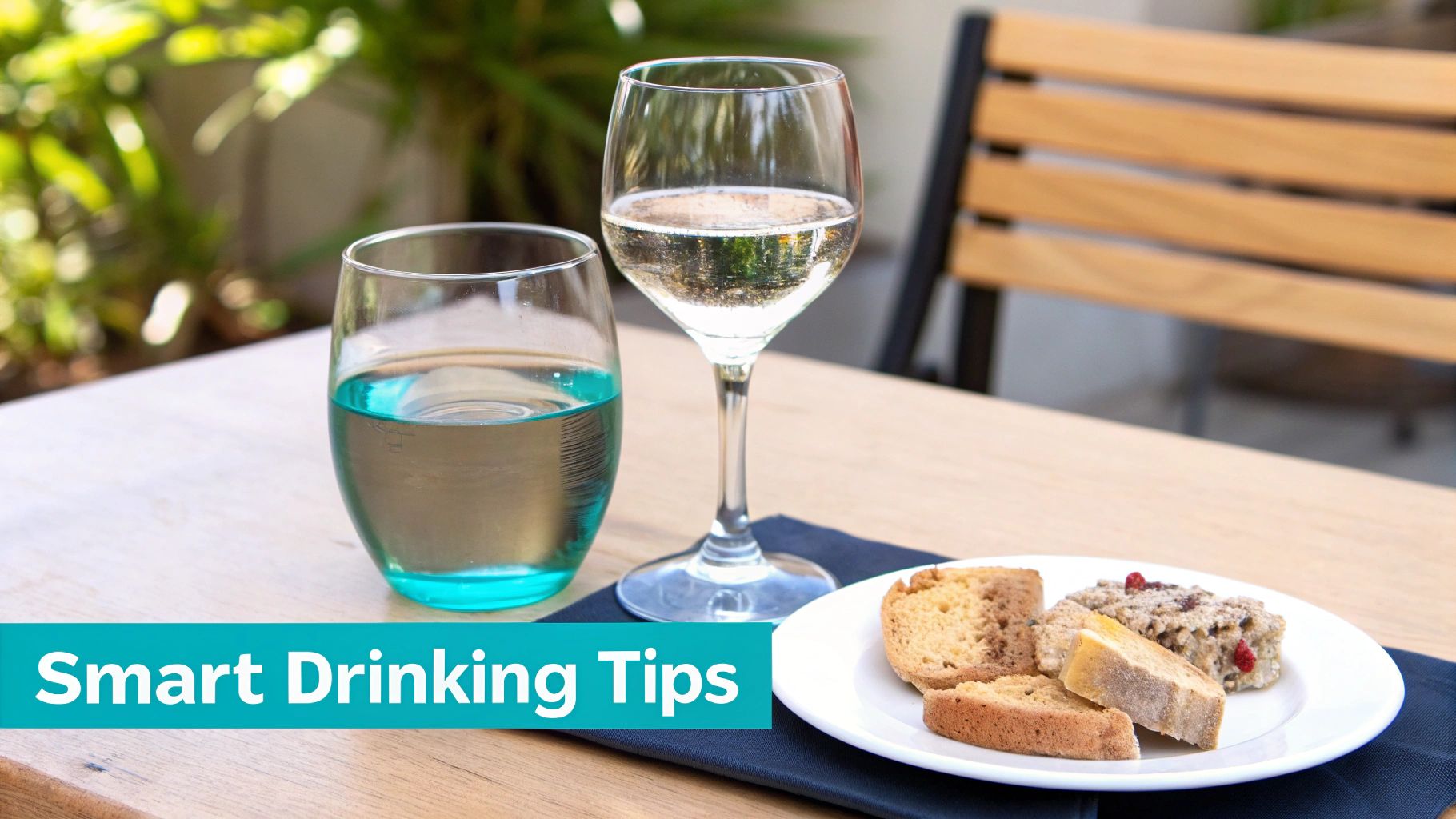Two glasses, one with white wine and one with water, on a table with food, labeled 'Smart Drinking Tips'.