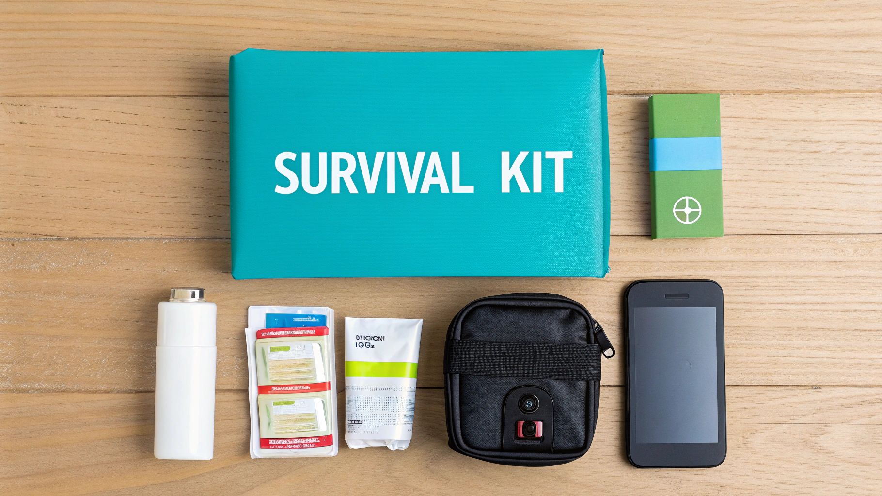 Overhead shot of a survival kit box and essential items laid out on a wooden table.