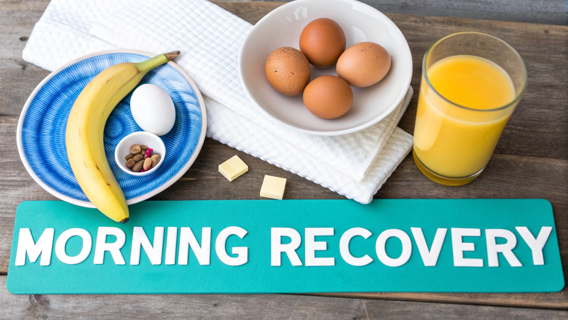 A balanced breakfast spread with eggs, banana, pills, and orange juice, labeled 'Morning Recovery'.
