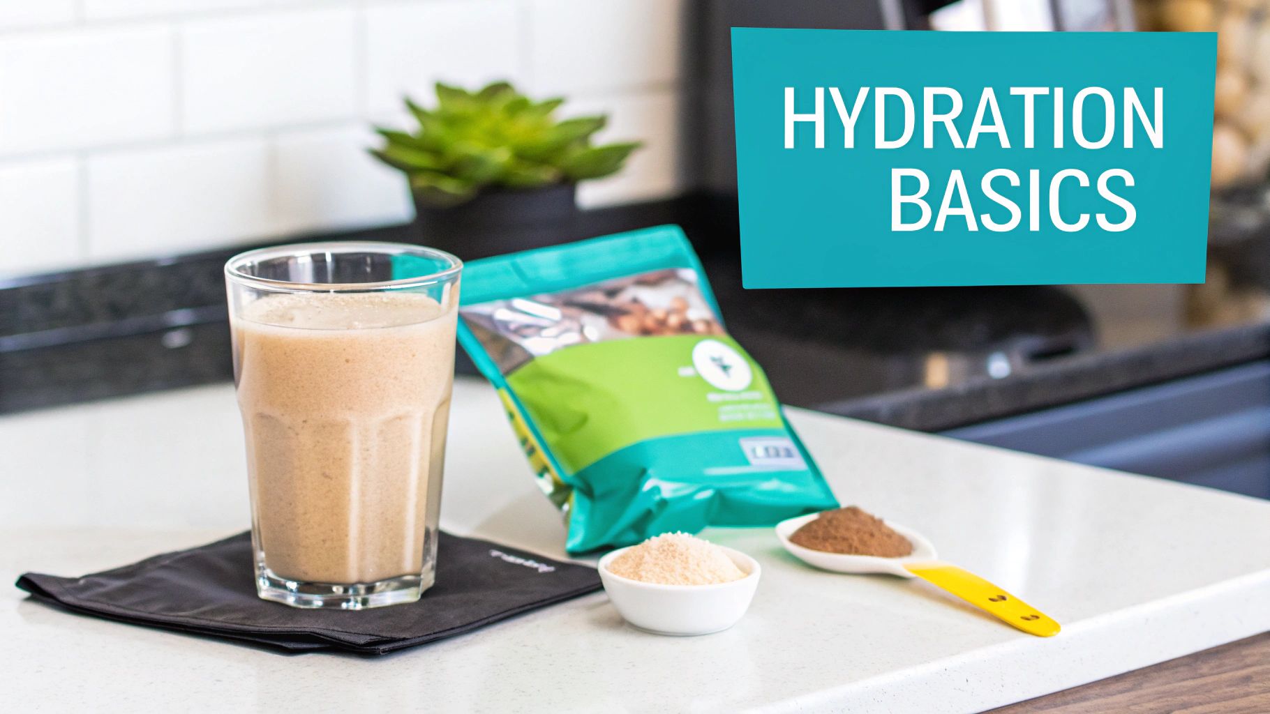 A person pouring a hydration drink powder into a glass of water, with fruits and powder sachets on a table.