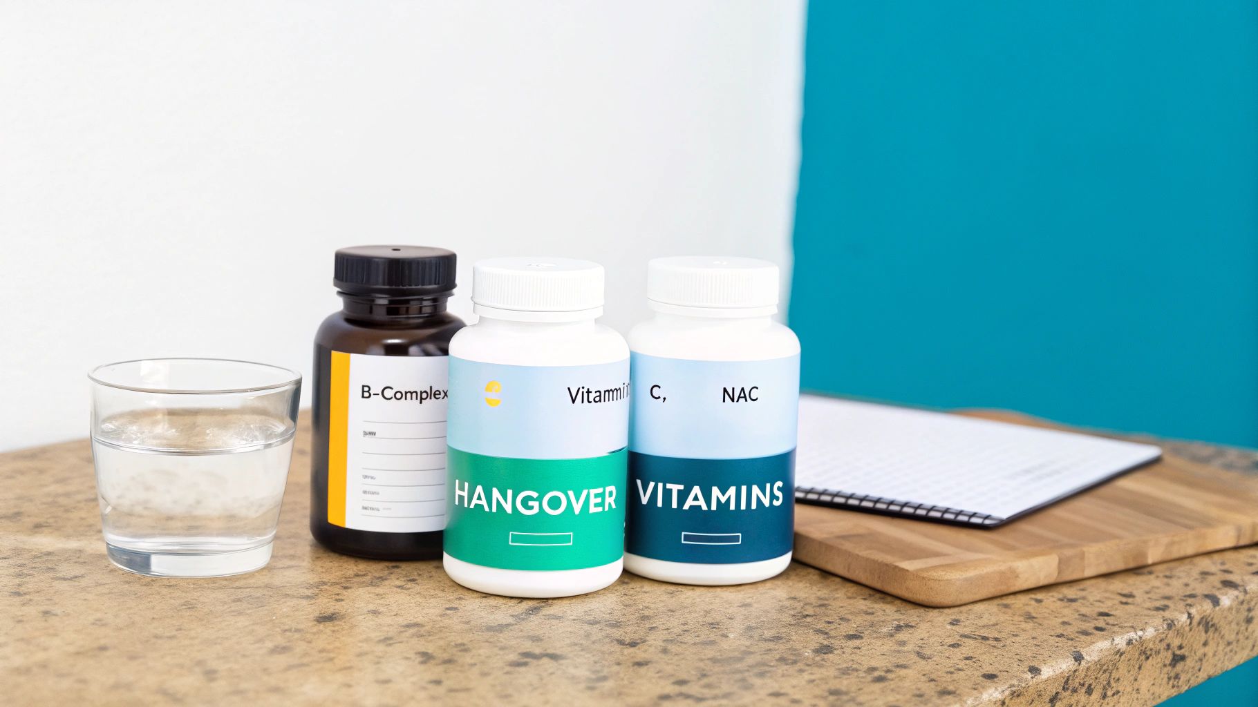 Three vitamin bottles labeled B-Complex, Hangover, and Vitamins, next to a glass of water.
