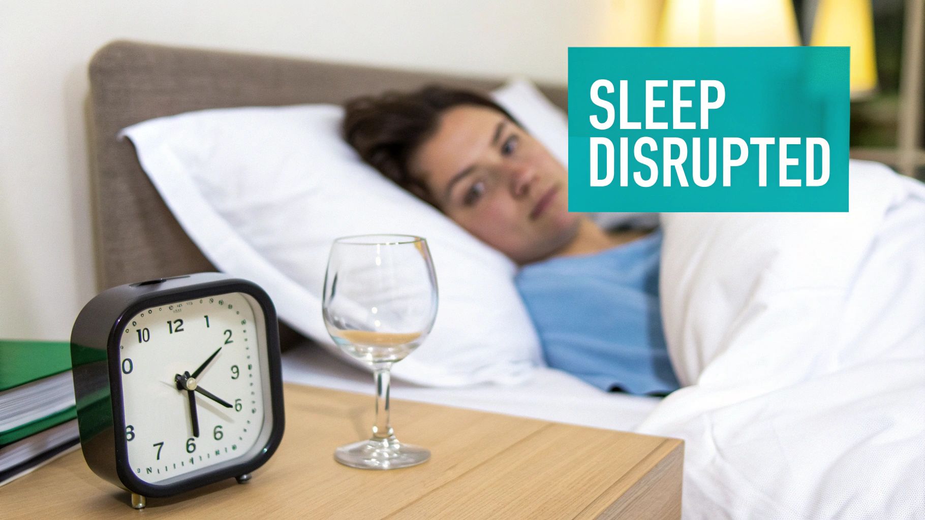 Woman lying awake in bed at night unable to sleep with alarm clock and wine glass on nightstand