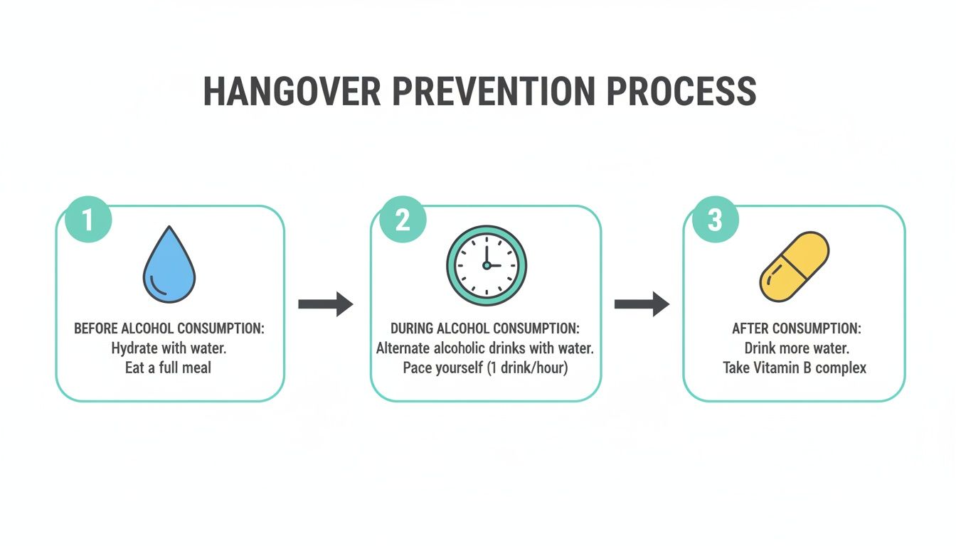 Infographic showing a 3-step hangover prevention guide: hydrate, eat, pace drinks, and take vitamin B.