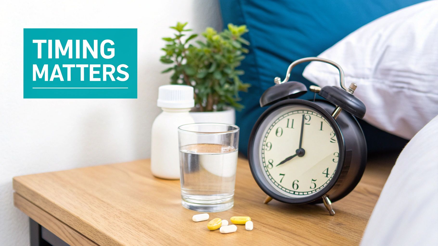 A bedside table with pills, water, a medicine bottle, and an alarm clock. Text: Timing Matters.