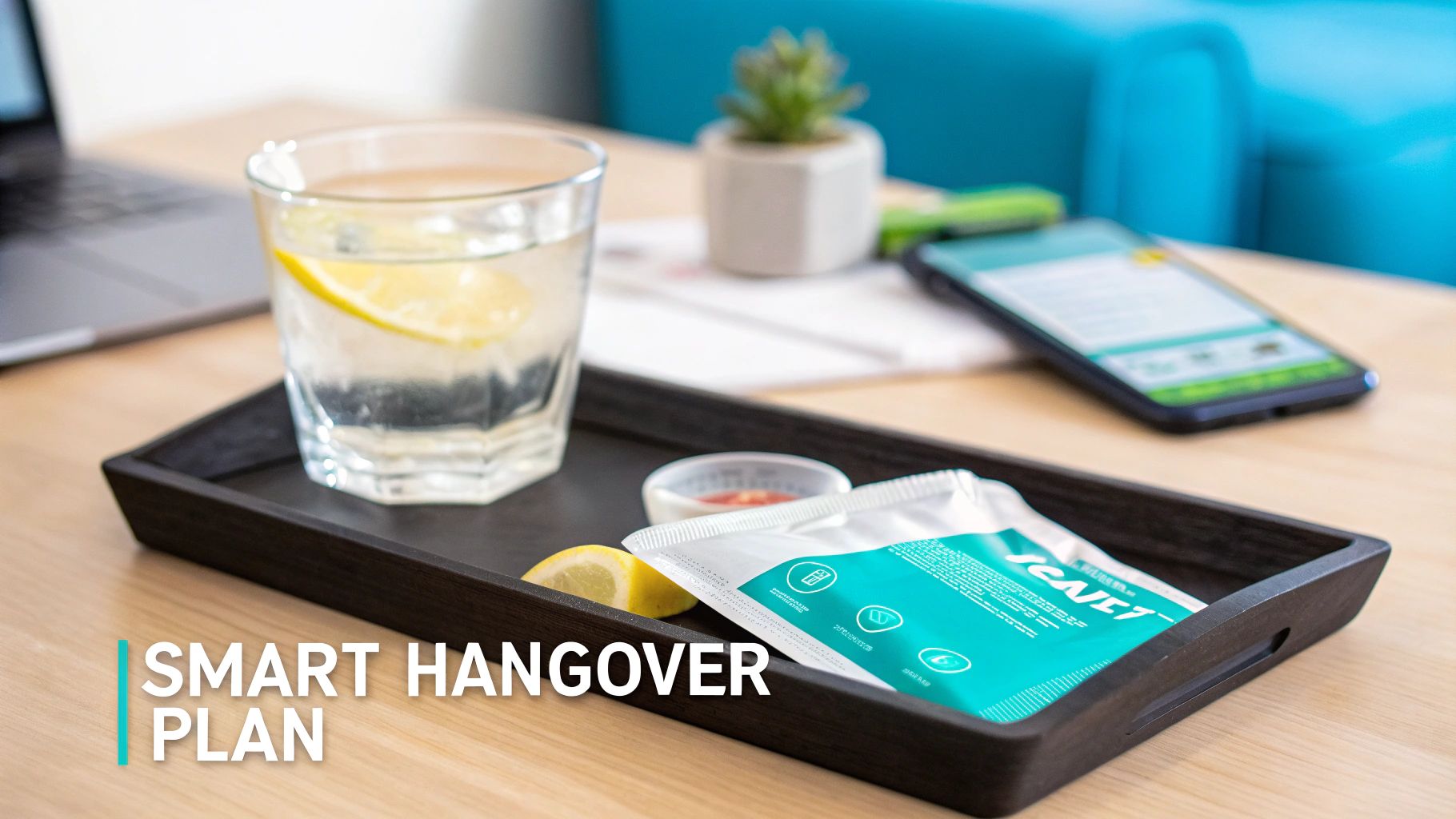 A glass of lemon water, a supplement packet, and a phone on a tray for a smart hangover plan.
