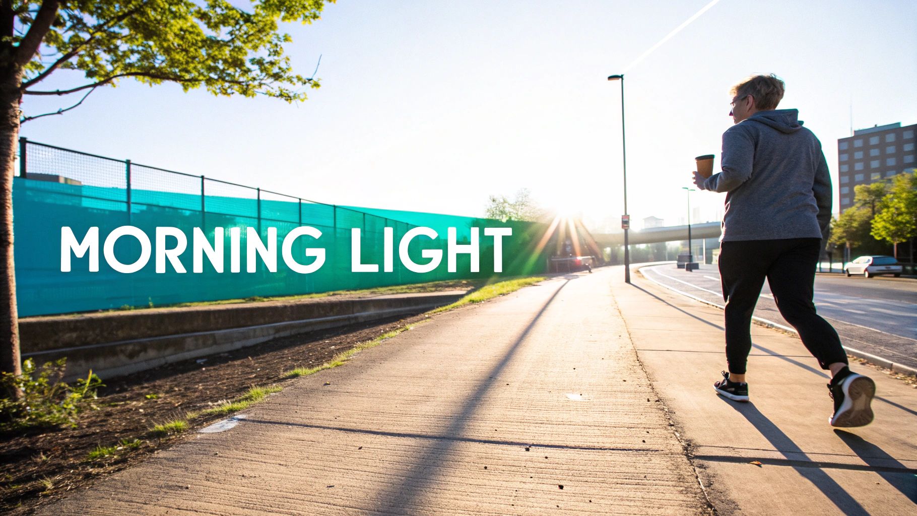 A person walks on a sidewalk in the bright morning sunlight, holding a coffee cup.
